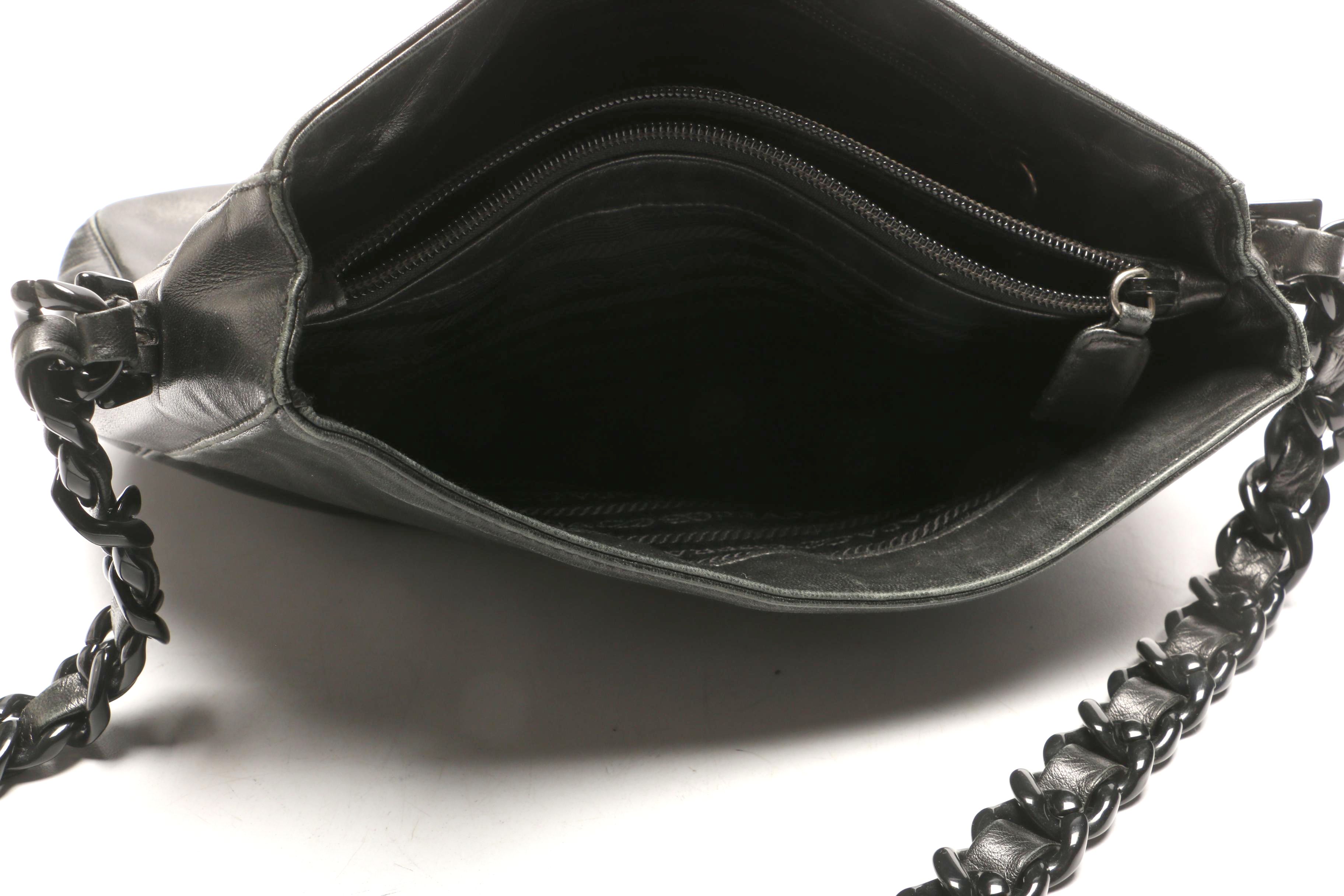 Prada Black Leather Shoulder Bag with Acrylic Chain and Leather Strap