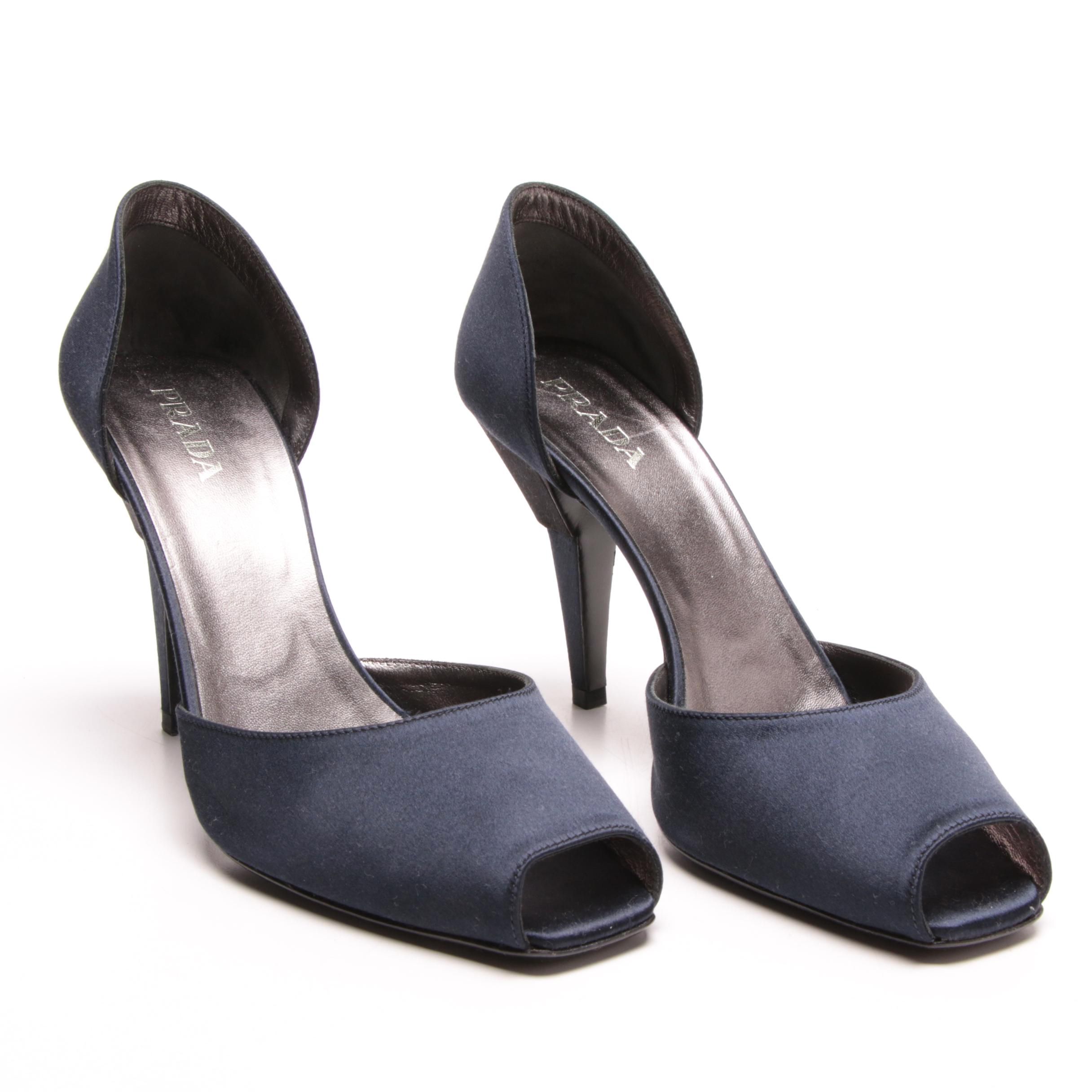 Prada Navy Blue and Black Satin High-Heeled D'Orsay Peep-Toe Pumps