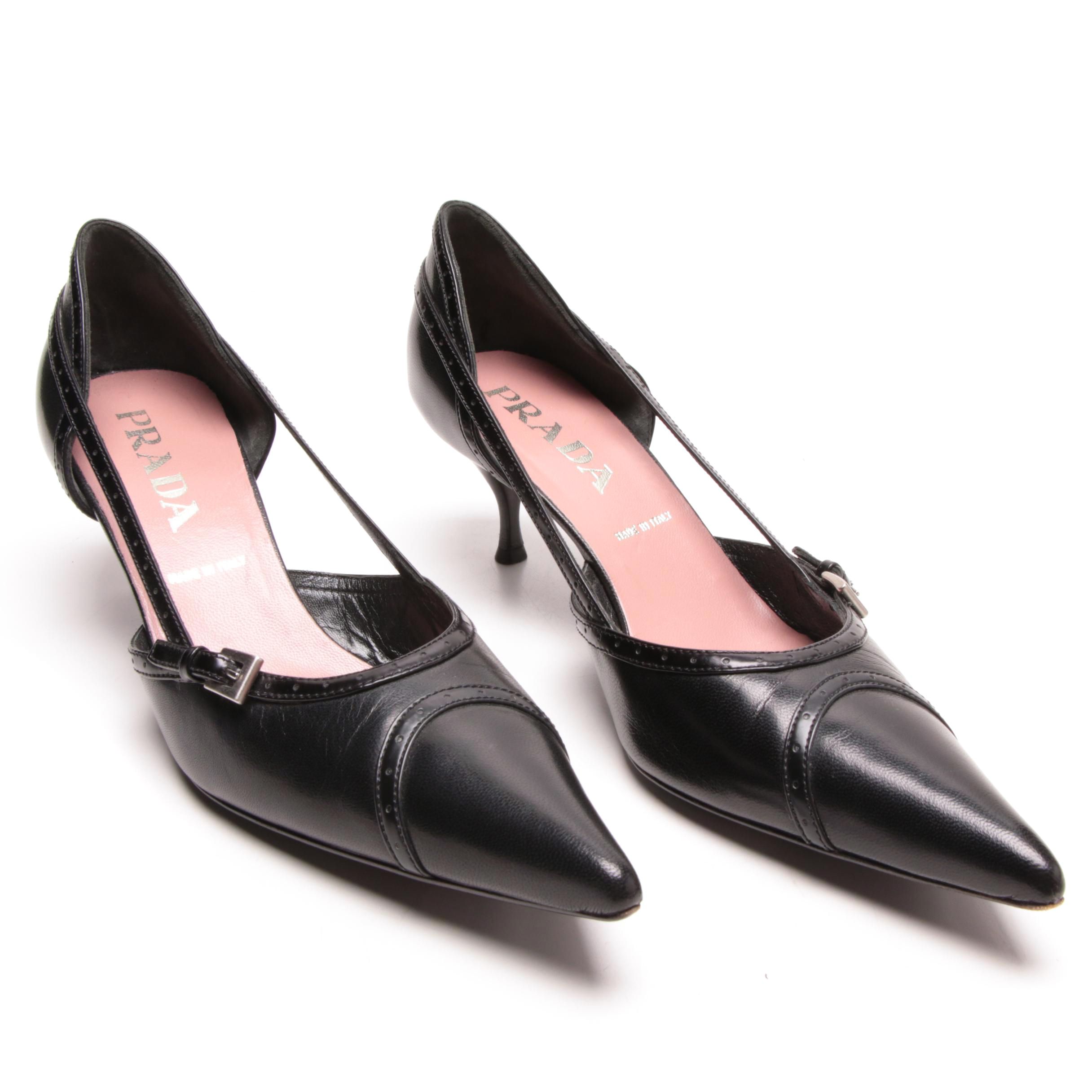 Prada Black Leather Pointed-Toe Kitten Heels