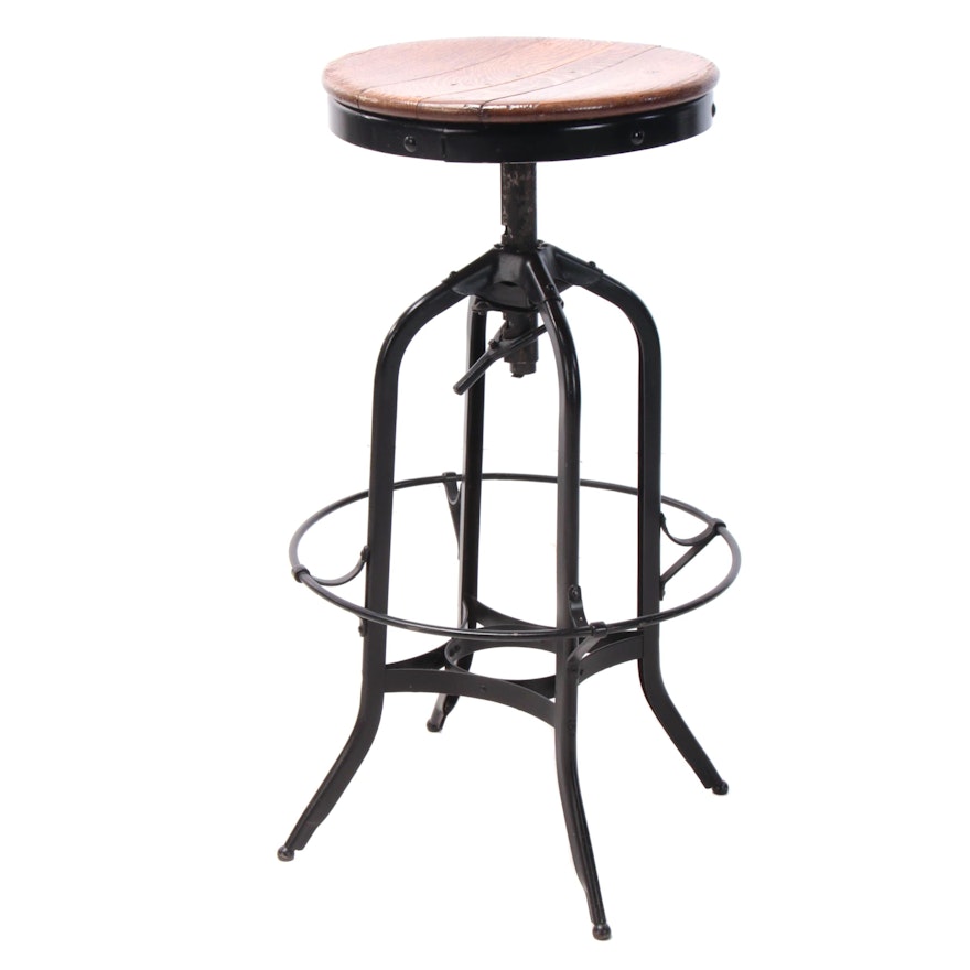 Industrial Black-Painted Steel & Oak Stool, Possibly by Toledo, Mid 20th Century