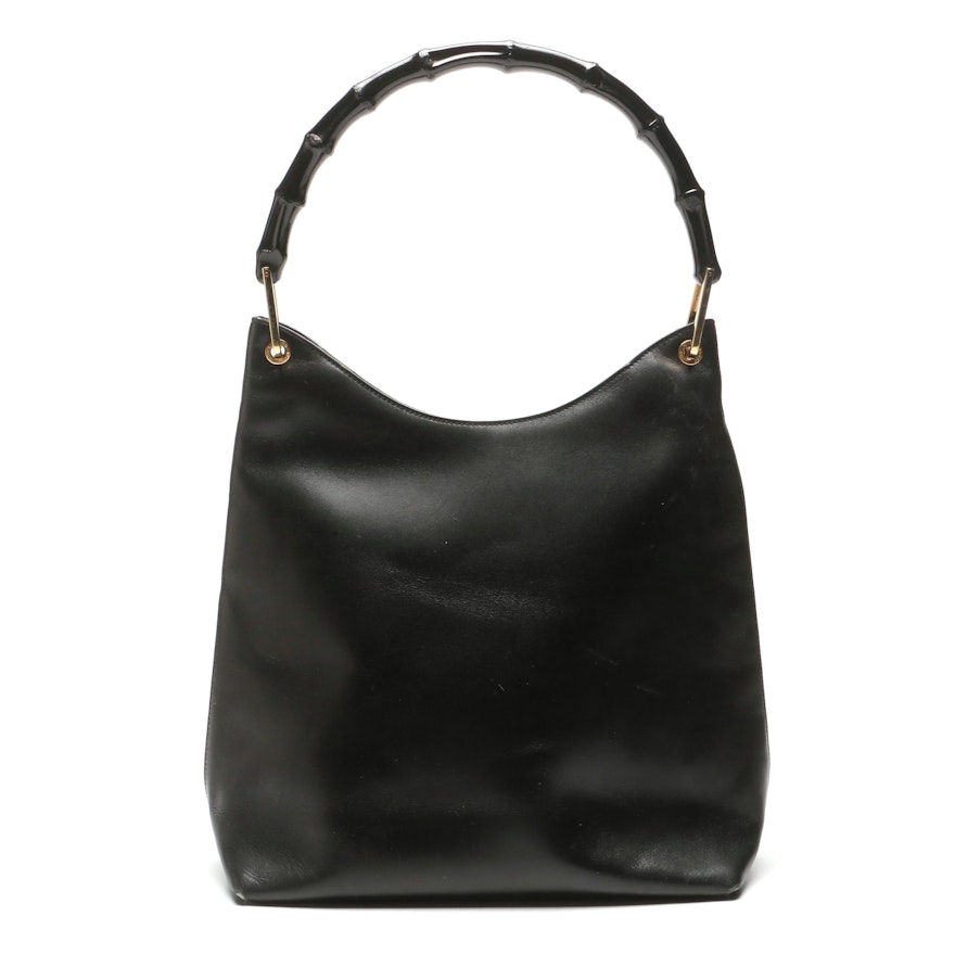 Gucci Black Leather Handbag with Bamboo Style Handle