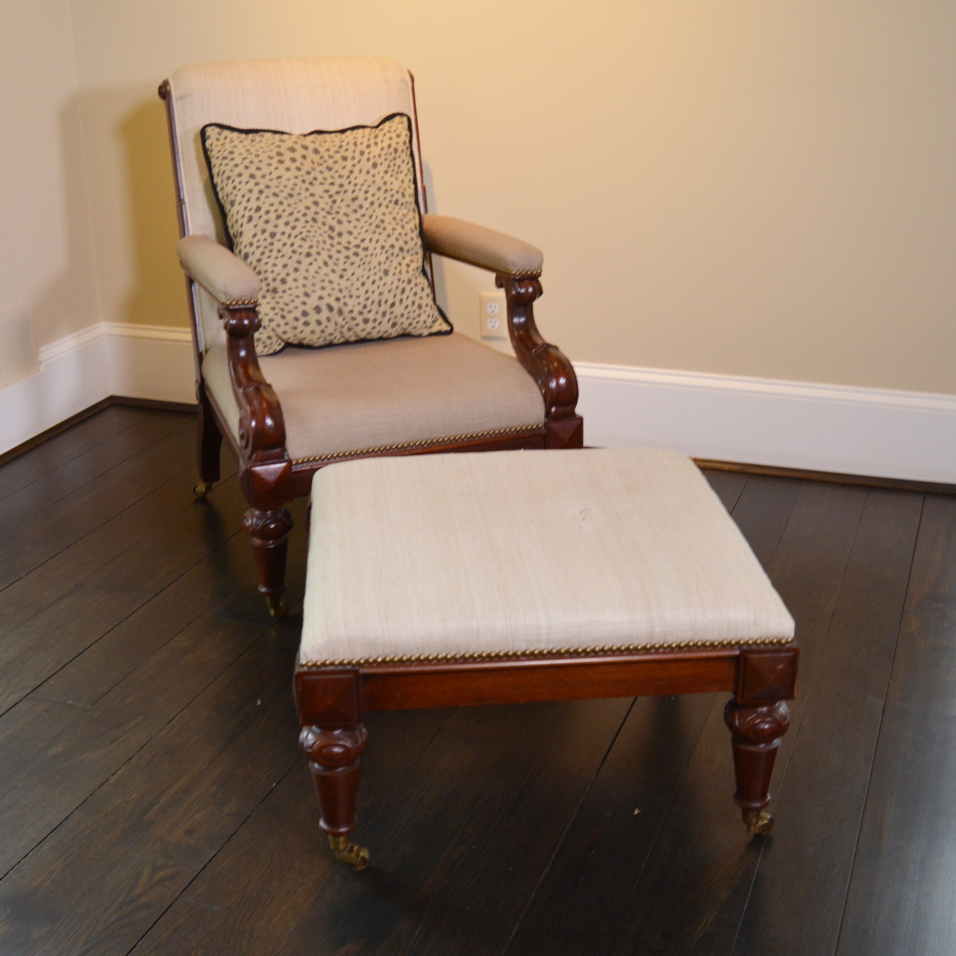 Empire Style Dual Fabric Upholstered Chair and Ottoman by Ralph Lauren Home