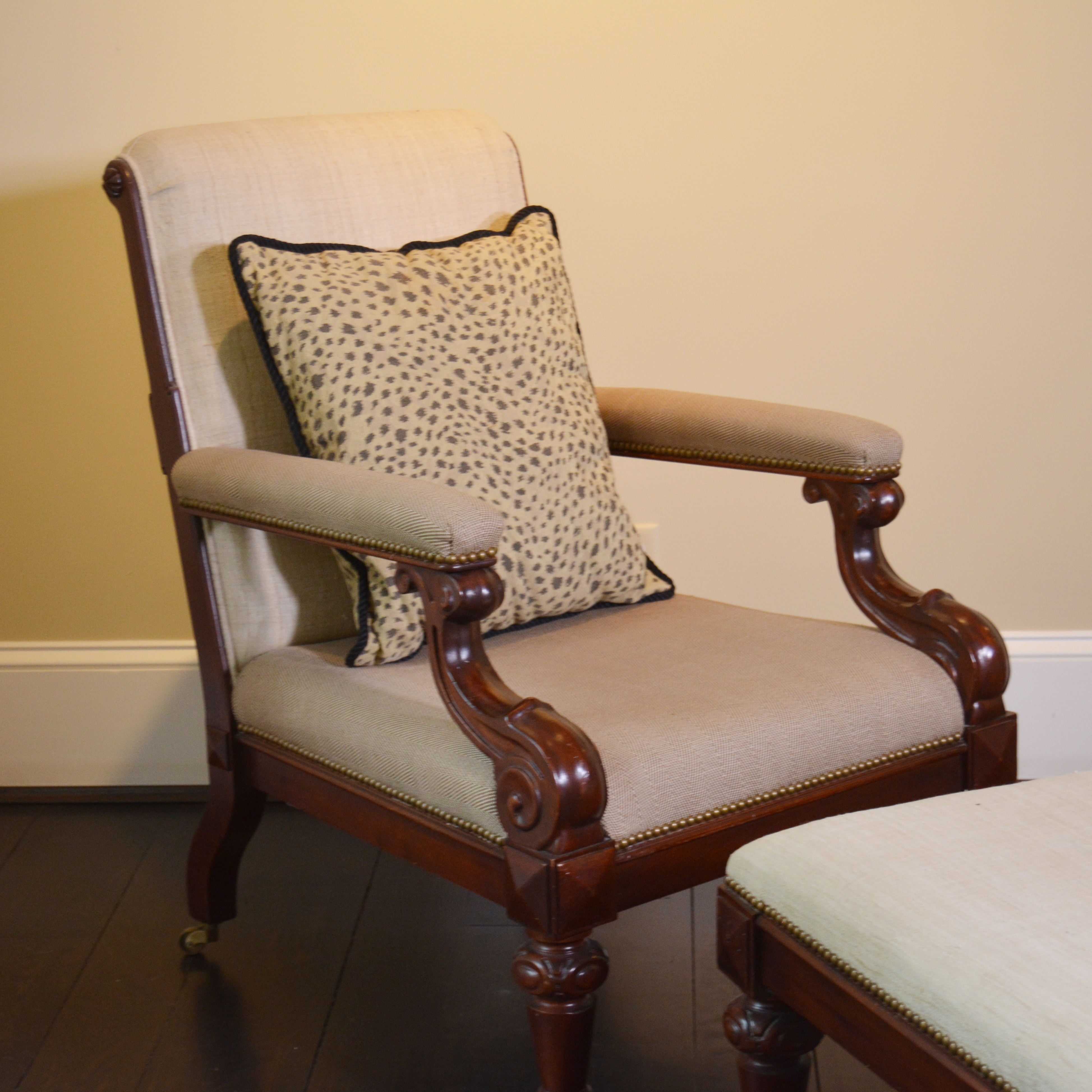 Empire Style Dual Fabric Upholstered Chair and Ottoman by Ralph Lauren Home