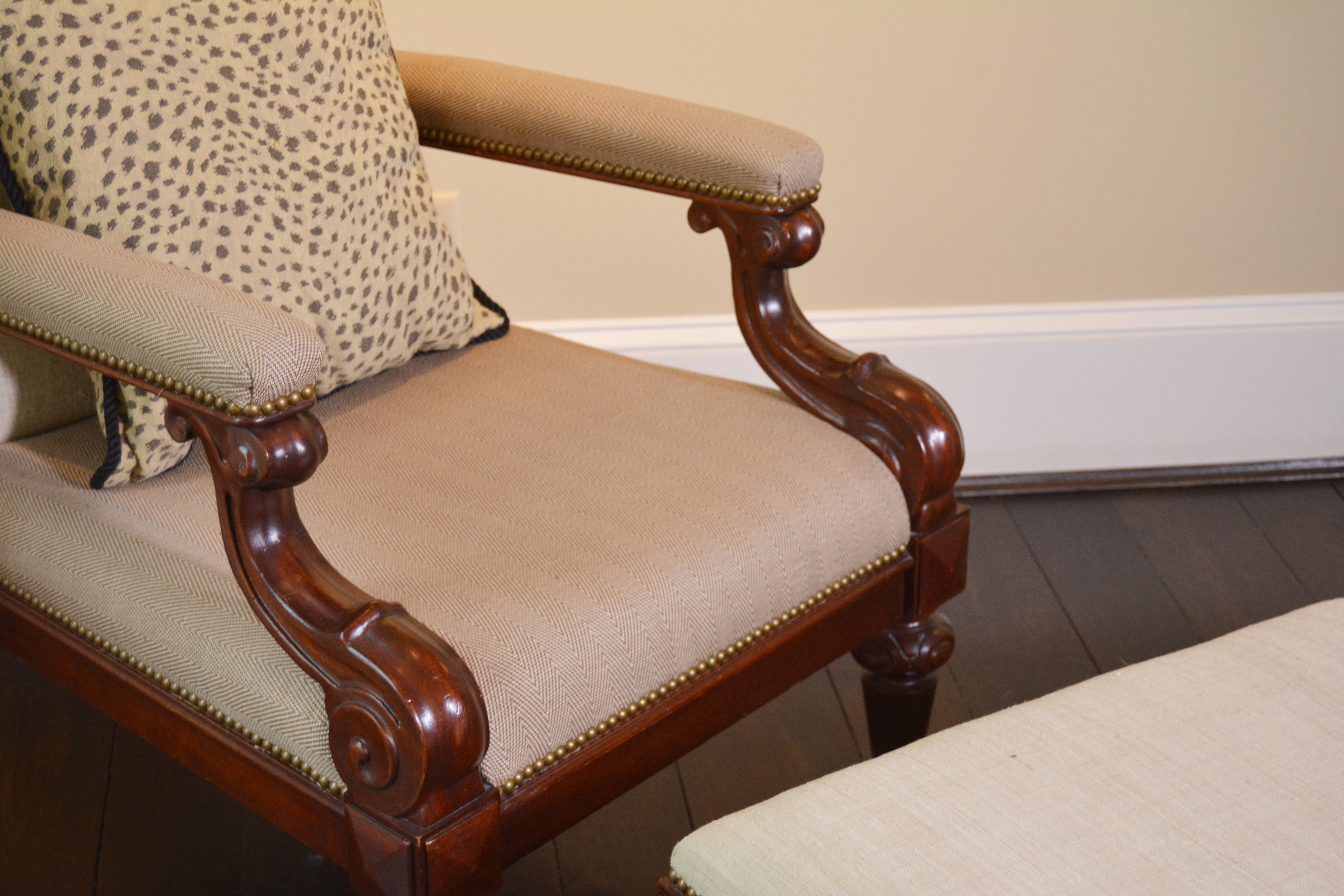 Empire Style Dual Fabric Upholstered Chair and Ottoman by Ralph Lauren Home