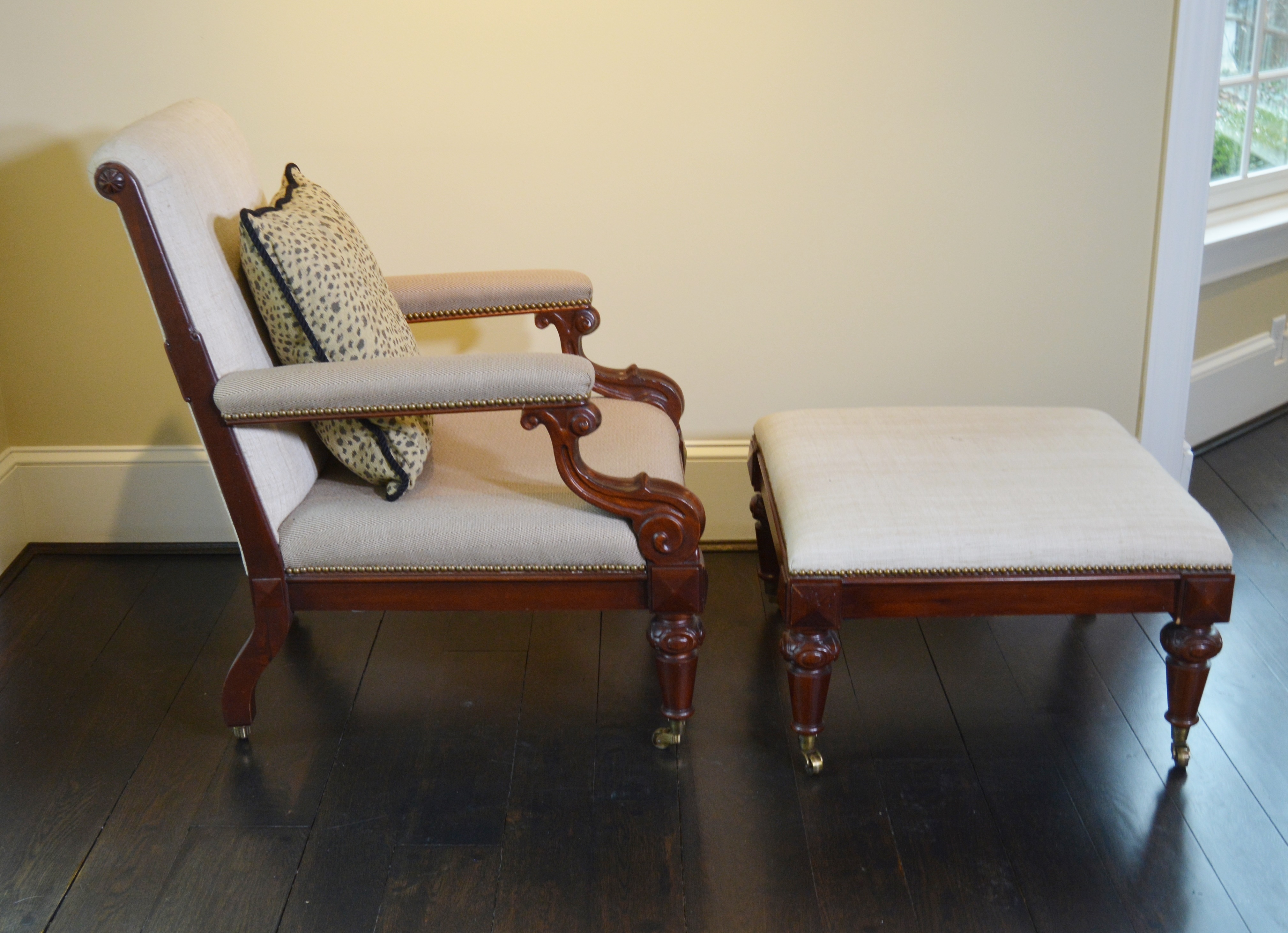 Empire Style Dual Fabric Upholstered Chair and Ottoman by Ralph Lauren Home