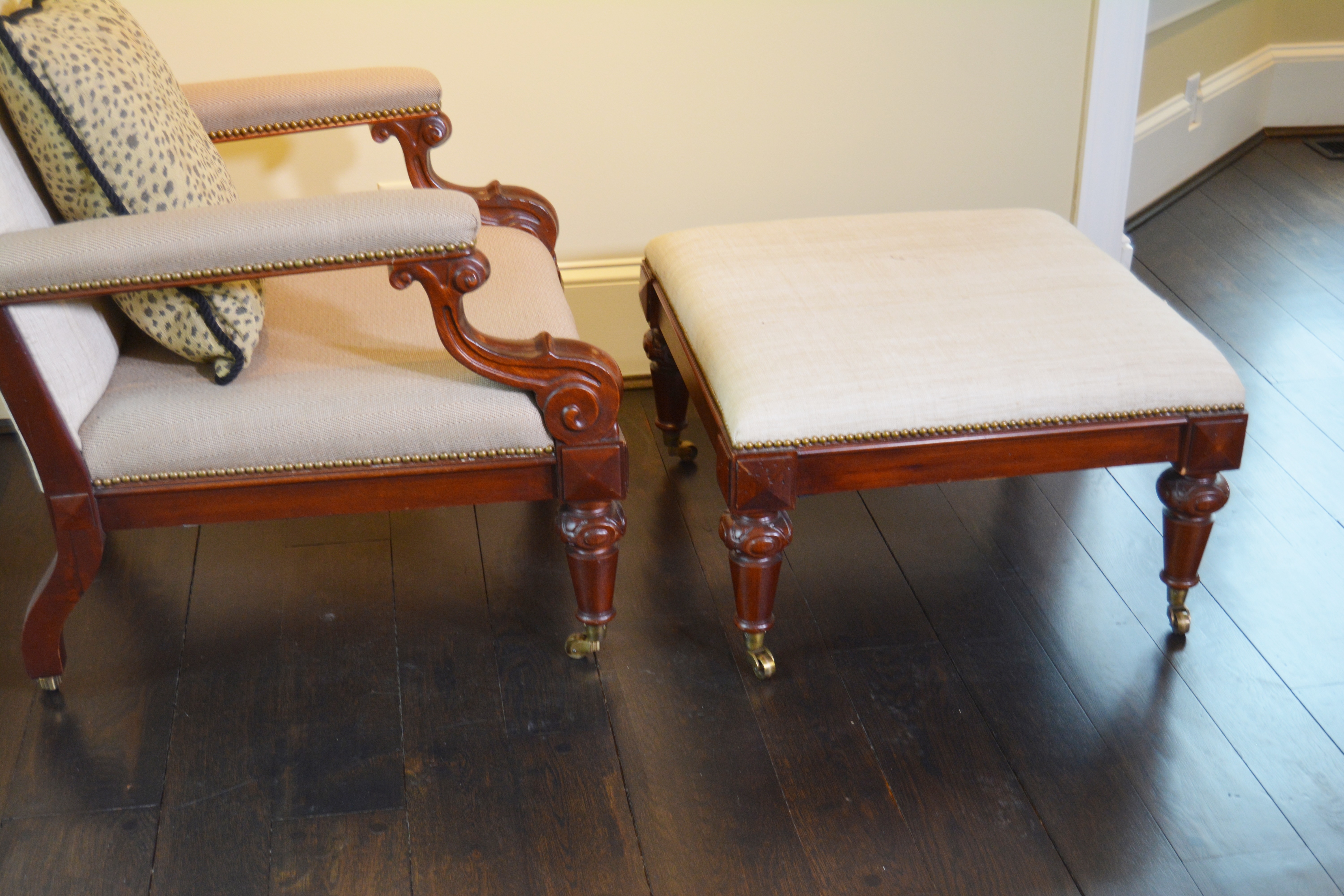 Empire Style Dual Fabric Upholstered Chair and Ottoman by Ralph Lauren Home