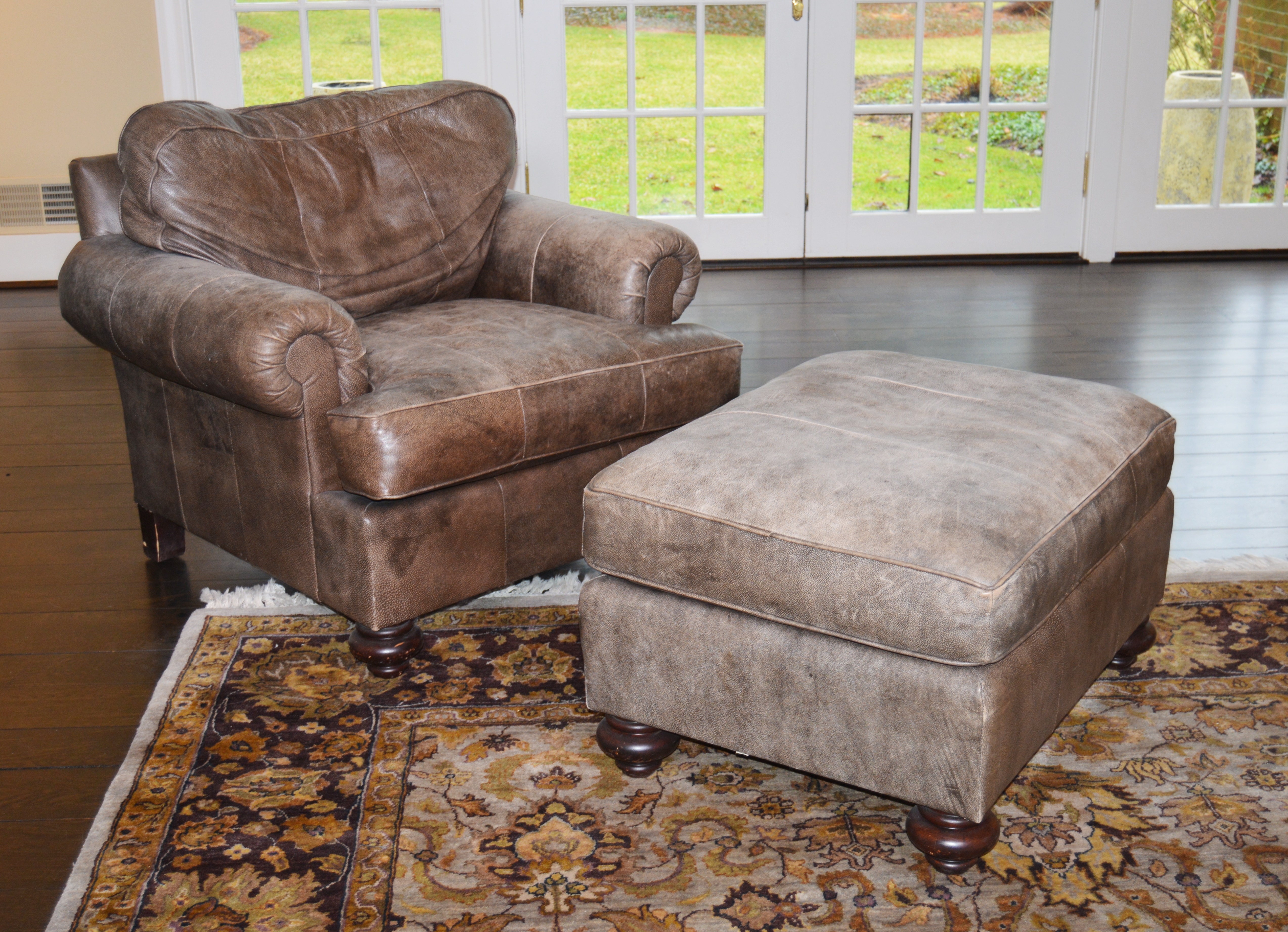 Dark Mocha Distressed Leather Chair and Ottoman by Henredon, 21st Century