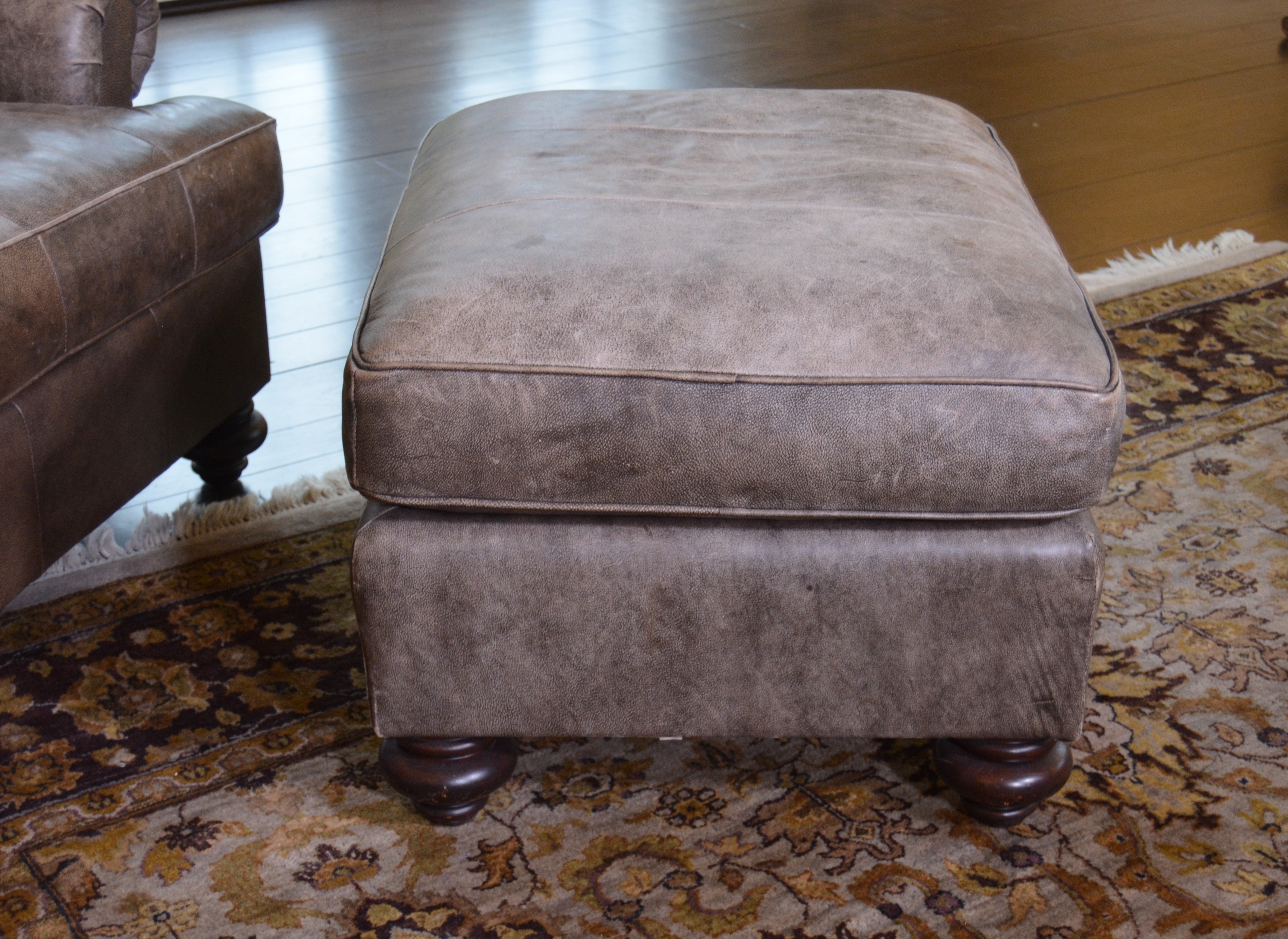 Dark Mocha Distressed Leather Chair and Ottoman by Henredon, 21st Century