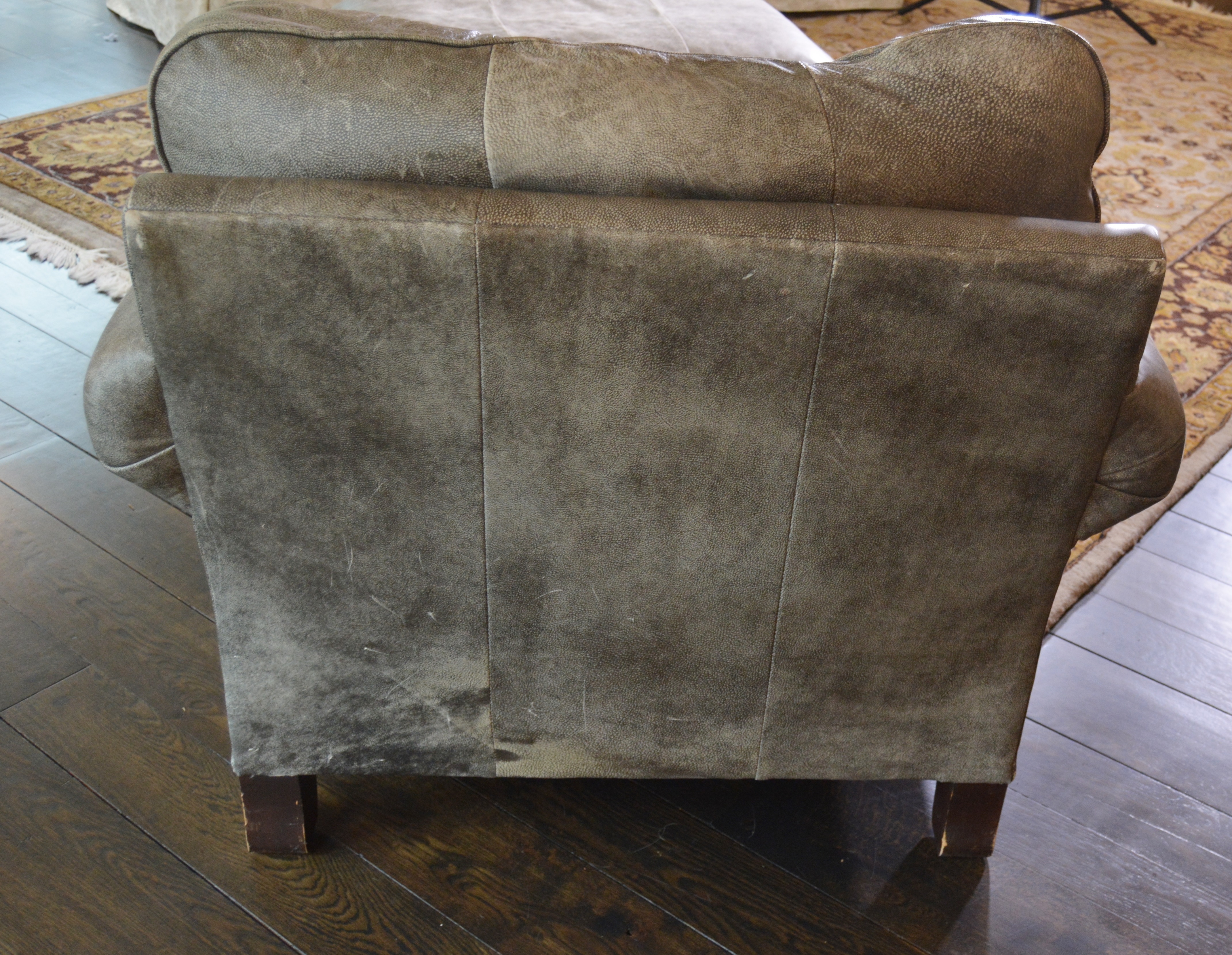 Dark Mocha Distressed Leather Chair and Ottoman by Henredon, 21st Century