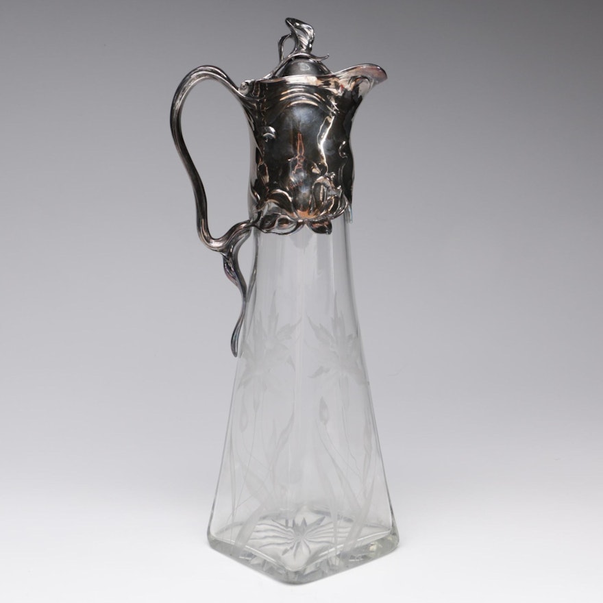 Art Nouveau Silver Plate and Etched Glass Claret Jug, Early 20th Century