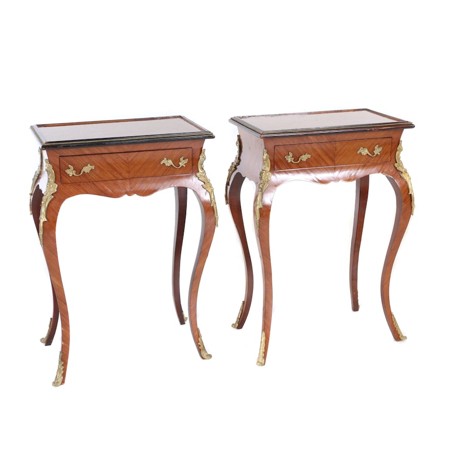 Pair of Louis XV Style Parquetry-Top & Gilt-Metal Side Tables, Late 20th Century