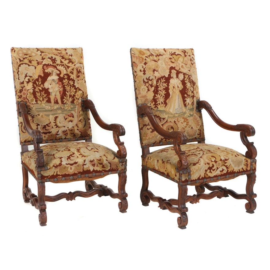 Pair of Baroque Style Carved Walnut Open Armchairs, Late 19th/Early 20th Century