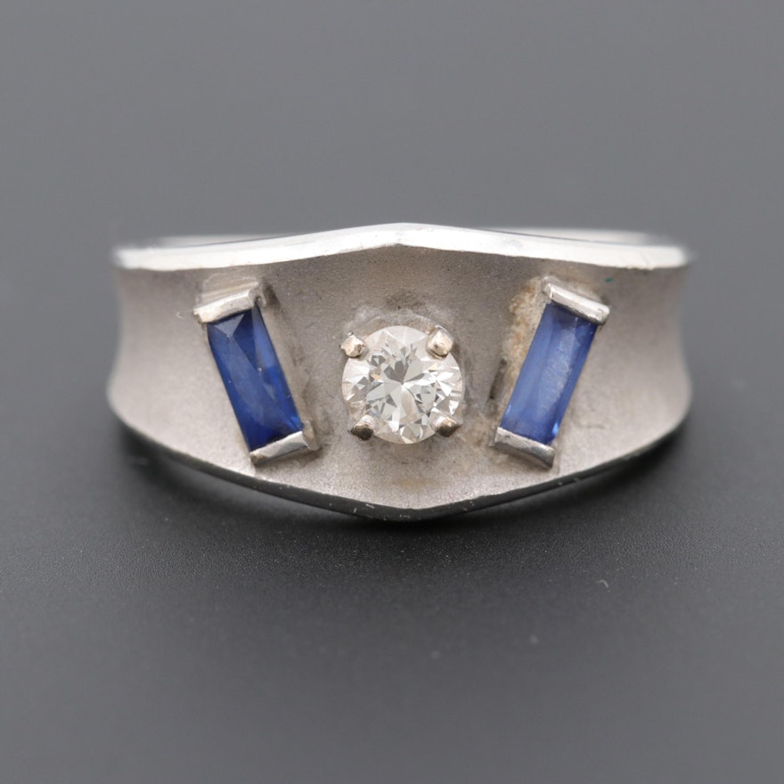 14K White Gold Diamond and Synthetic Blue Sapphire Ring with Matte Finish