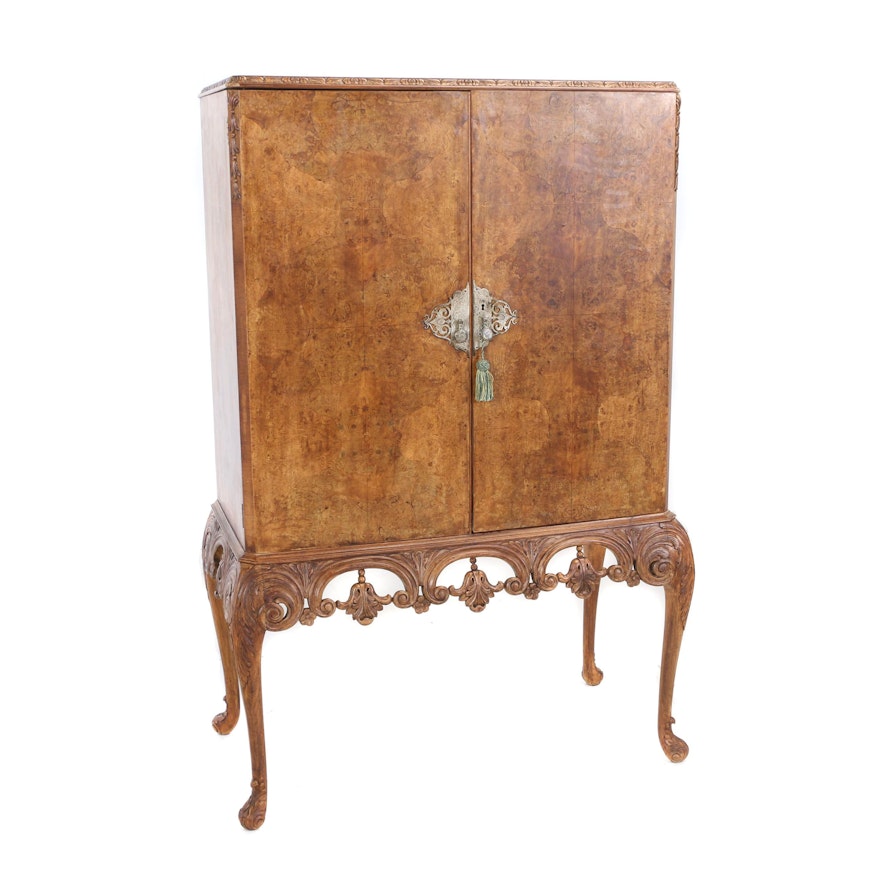 Baroque Style Burl Walnut Silver Cabinet-on-Stand, Late 20th Century