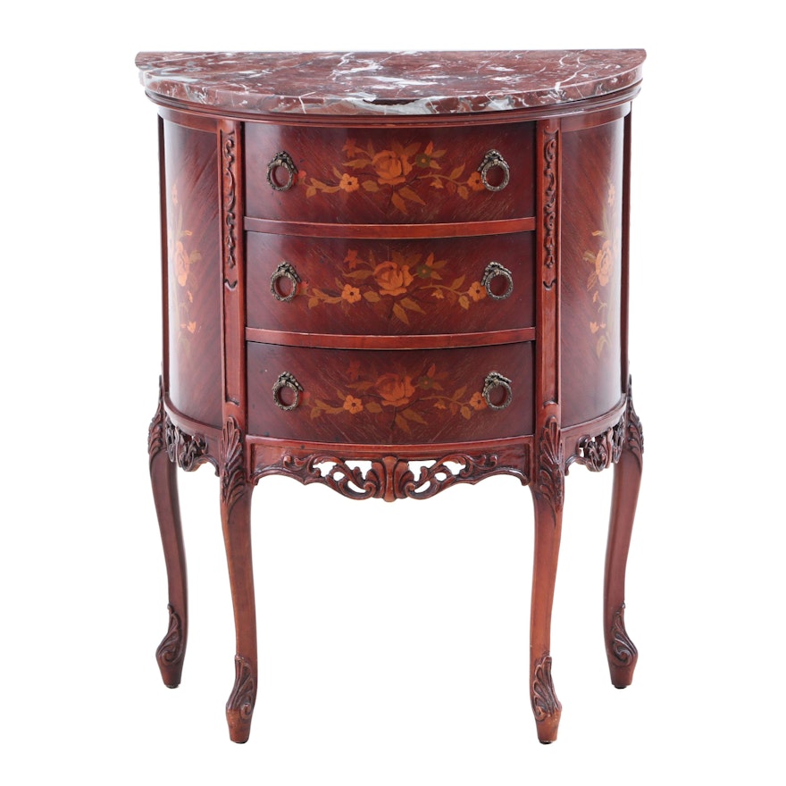 Louis XV Style Inlaid Walnut Three-Drawer Demilume Table with Marble Top