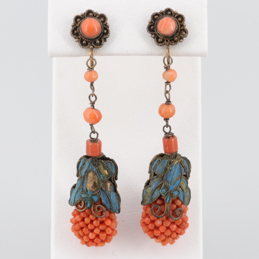 Antique Chinese Tian-Tsui Kingfisher Feather Coral Earrings with Gilt Wash
