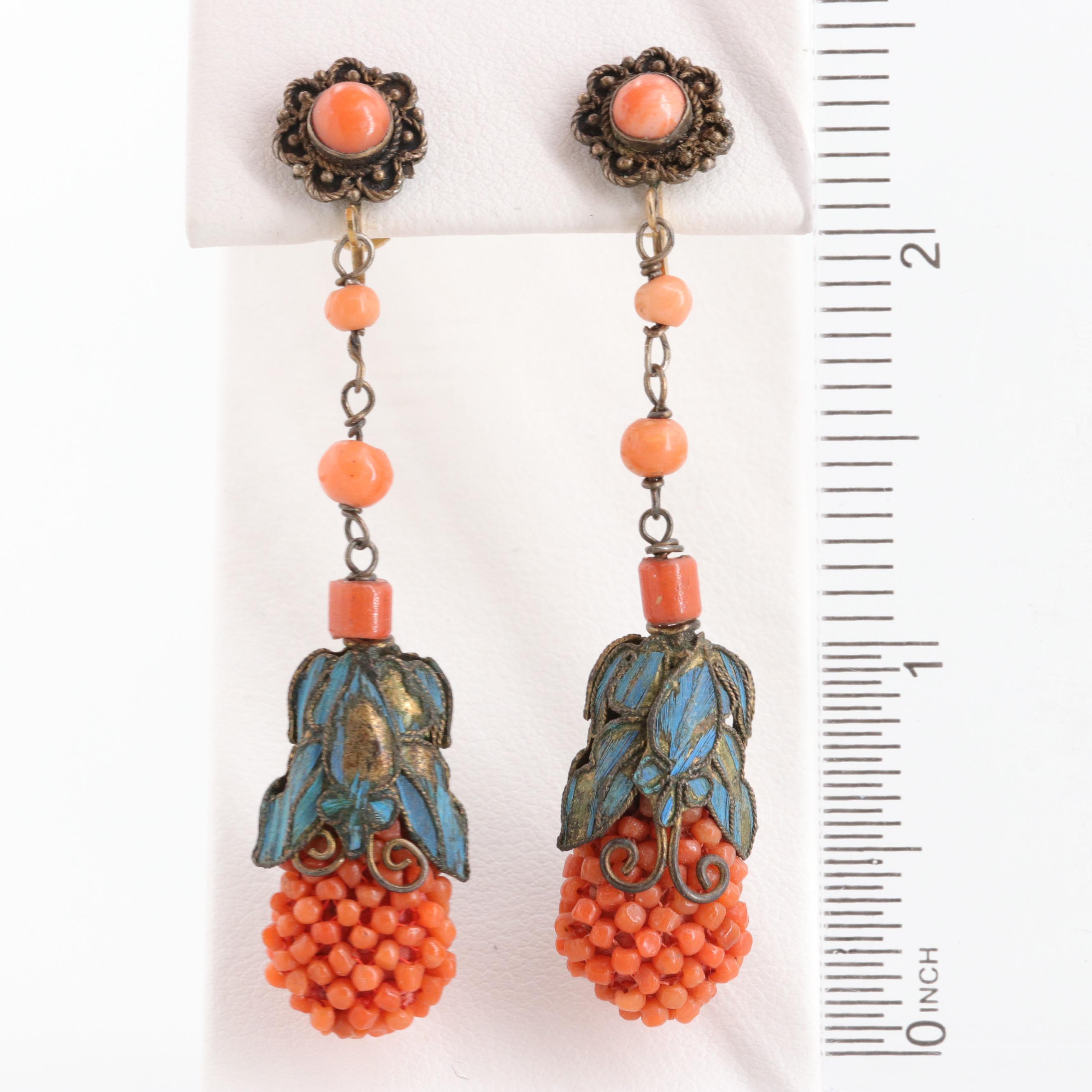 Antique Chinese Tian-Tsui Kingfisher Feather Coral Earrings with Gilt Wash