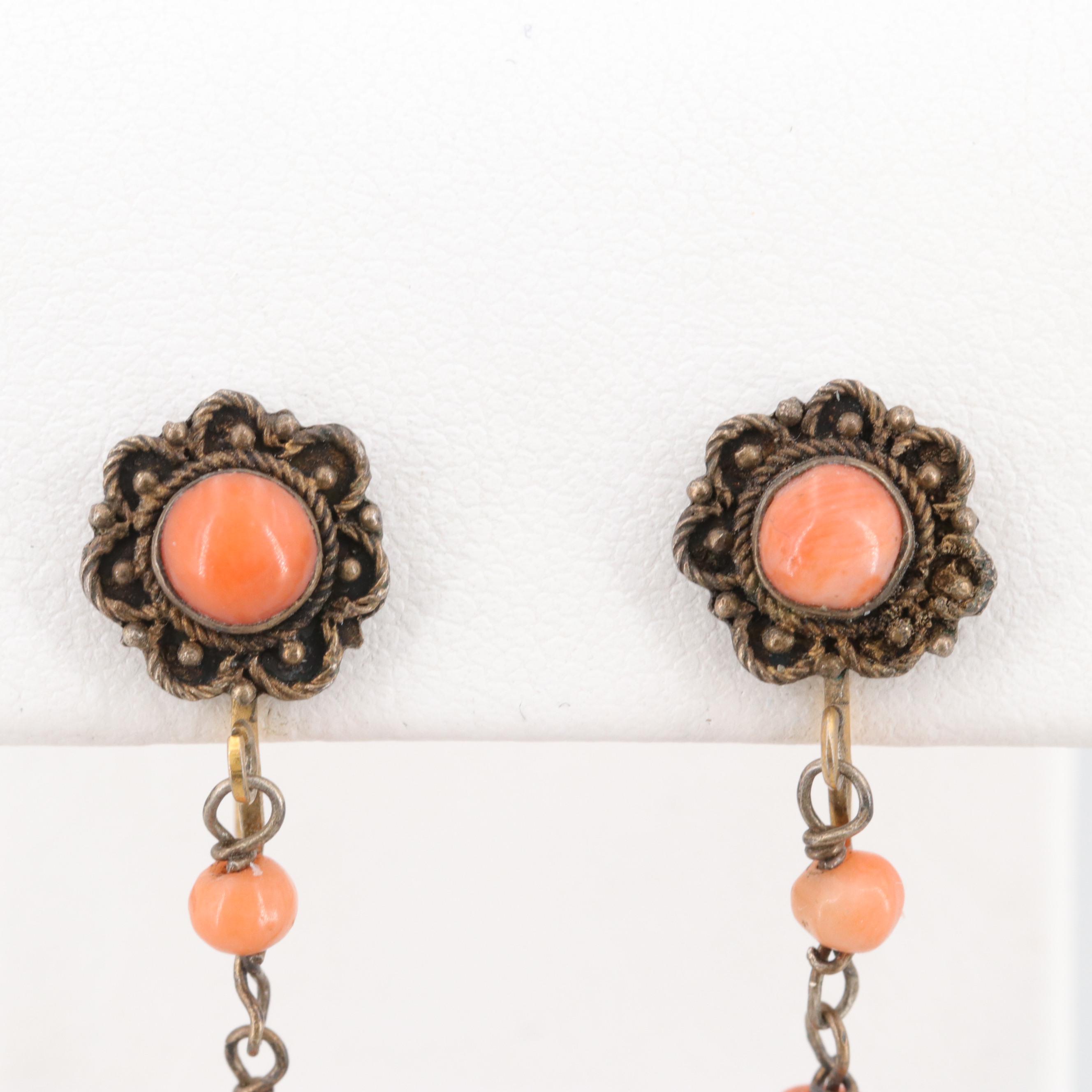 Antique Chinese Tian-Tsui Kingfisher Feather Coral Earrings with Gilt Wash