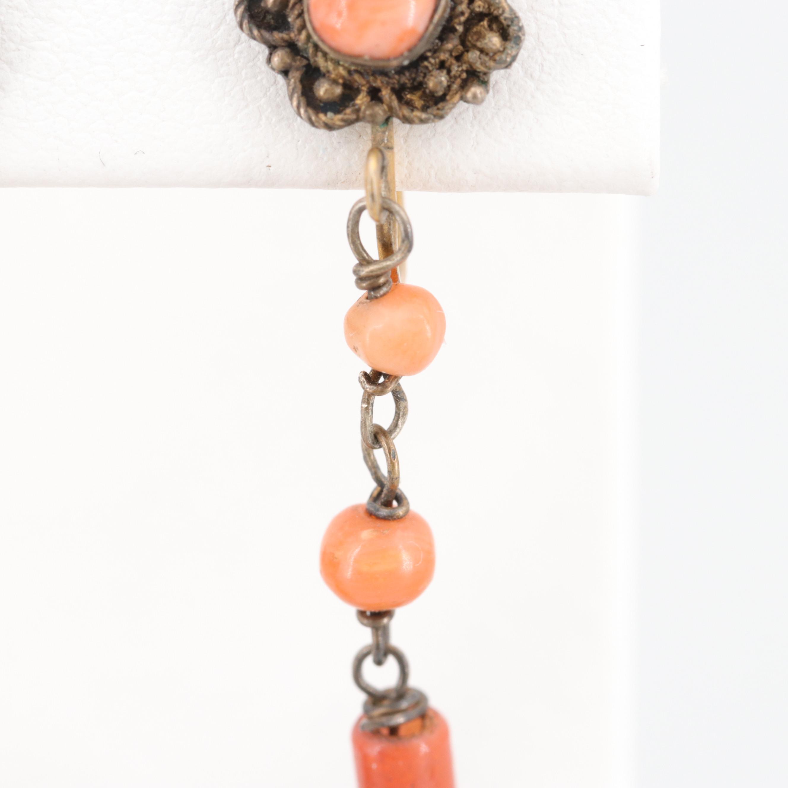 Antique Chinese Tian-Tsui Kingfisher Feather Coral Earrings with Gilt Wash