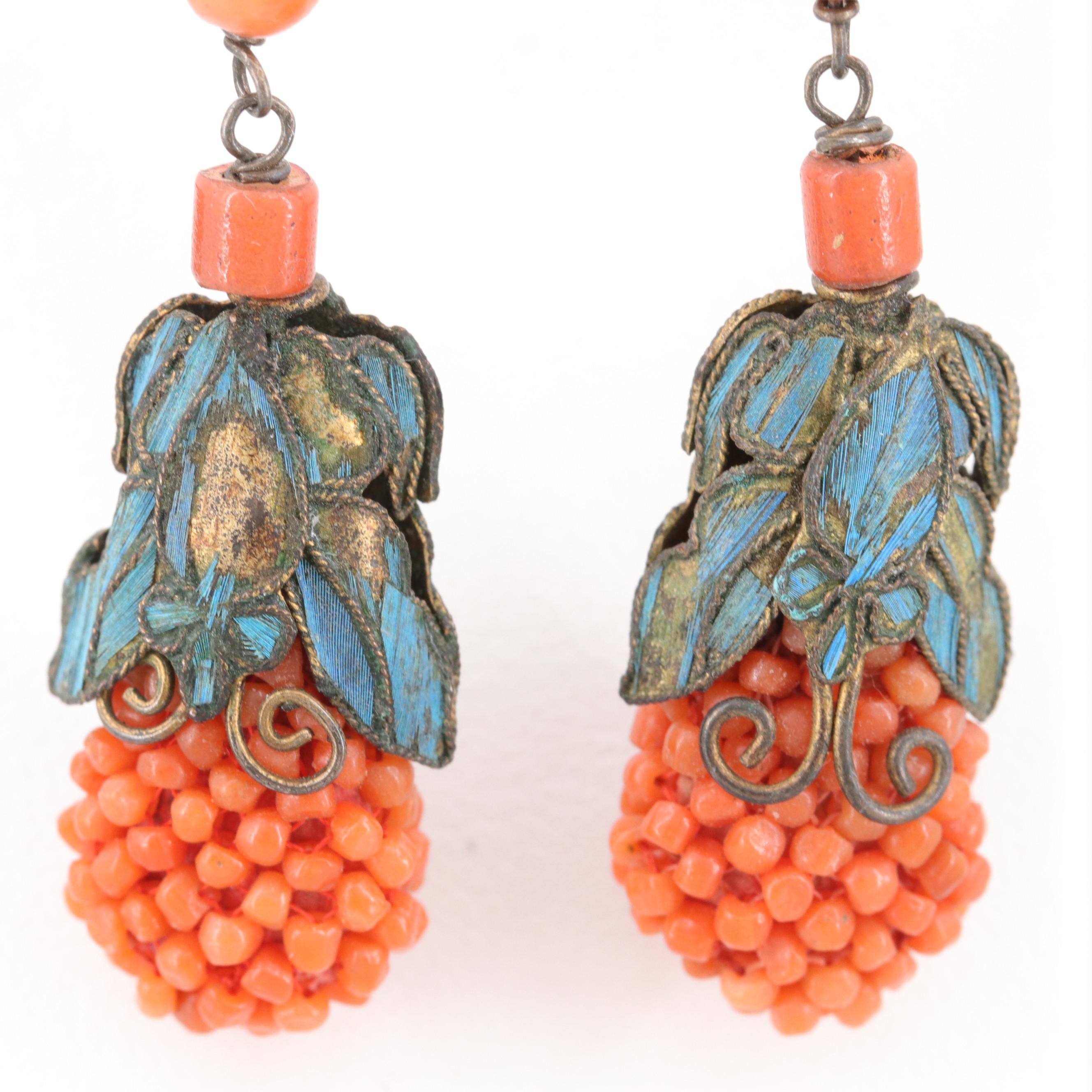 Antique Chinese Tian-Tsui Kingfisher Feather Coral Earrings with Gilt Wash