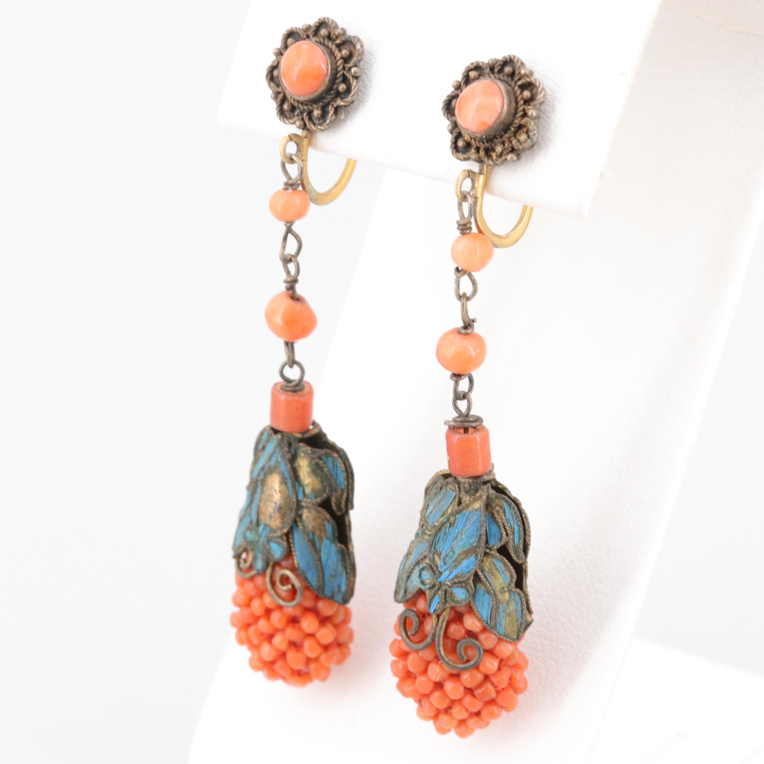 Antique Chinese Tian-Tsui Kingfisher Feather Coral Earrings with Gilt Wash