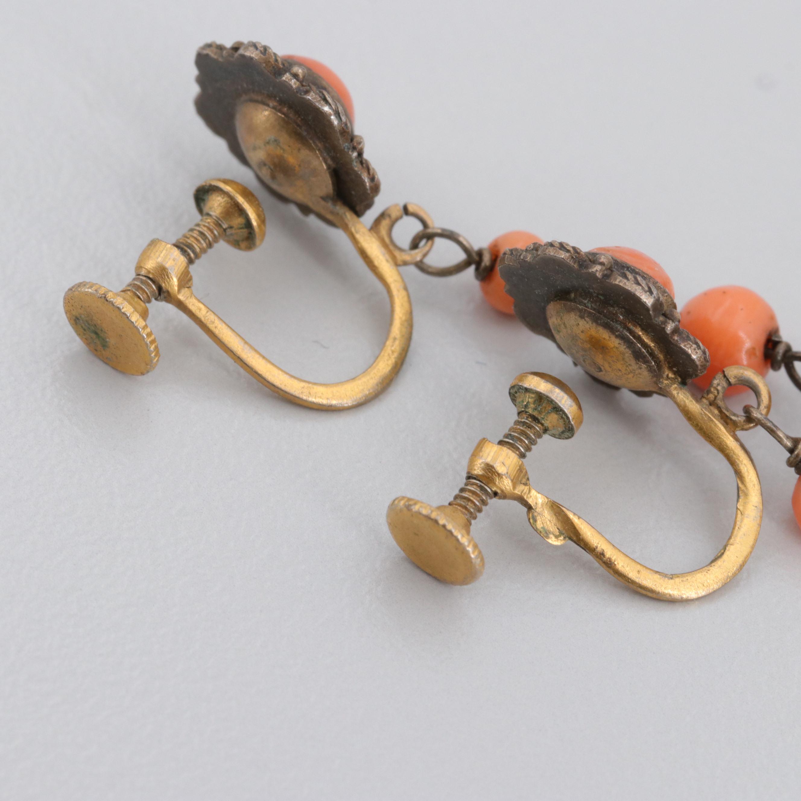 Antique Chinese Tian-Tsui Kingfisher Feather Coral Earrings with Gilt Wash