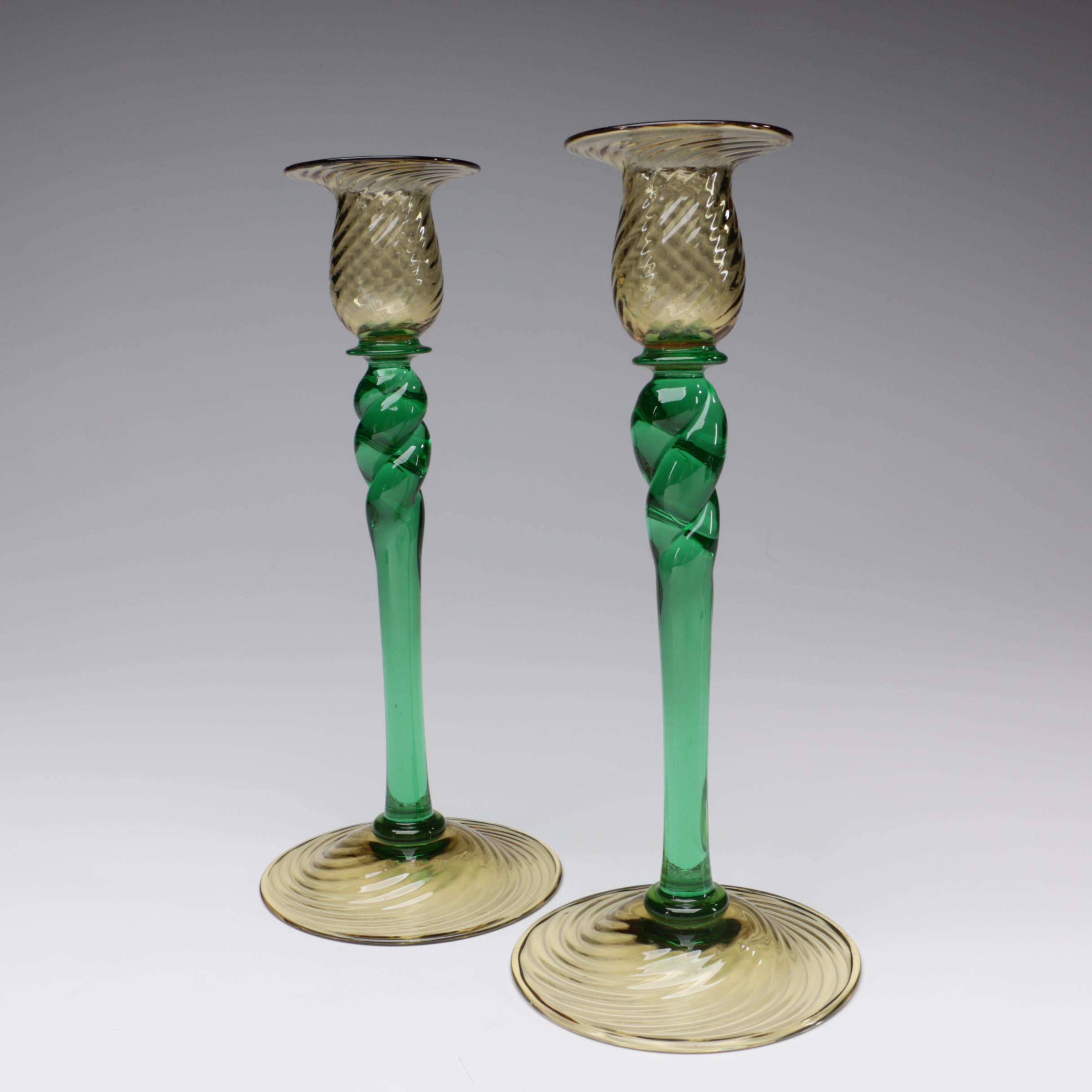 Steuben Pomona Green and Topaz Art Glass Candlesticks, Early 20th Century