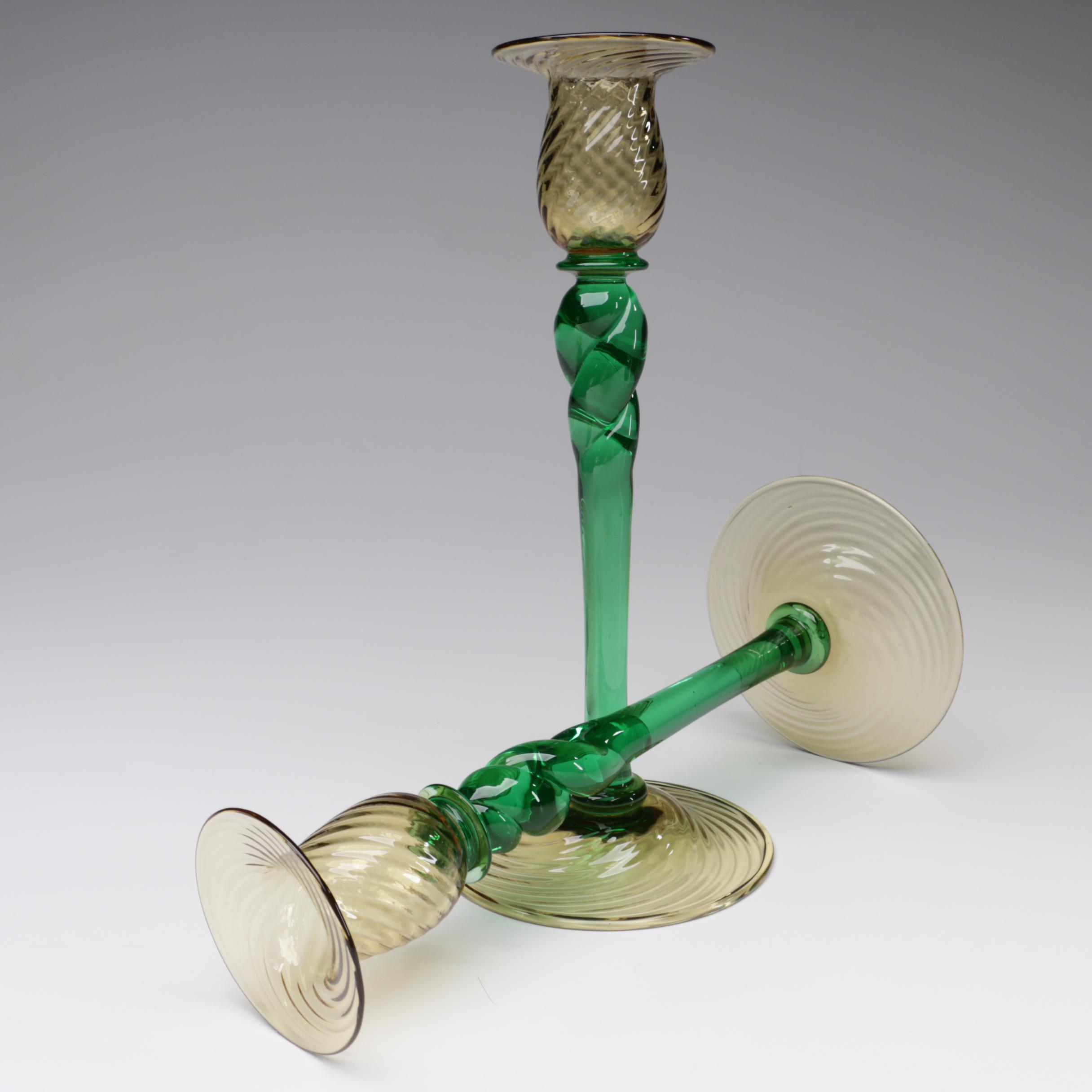 Steuben Pomona Green and Topaz Art Glass Candlesticks, Early 20th Century