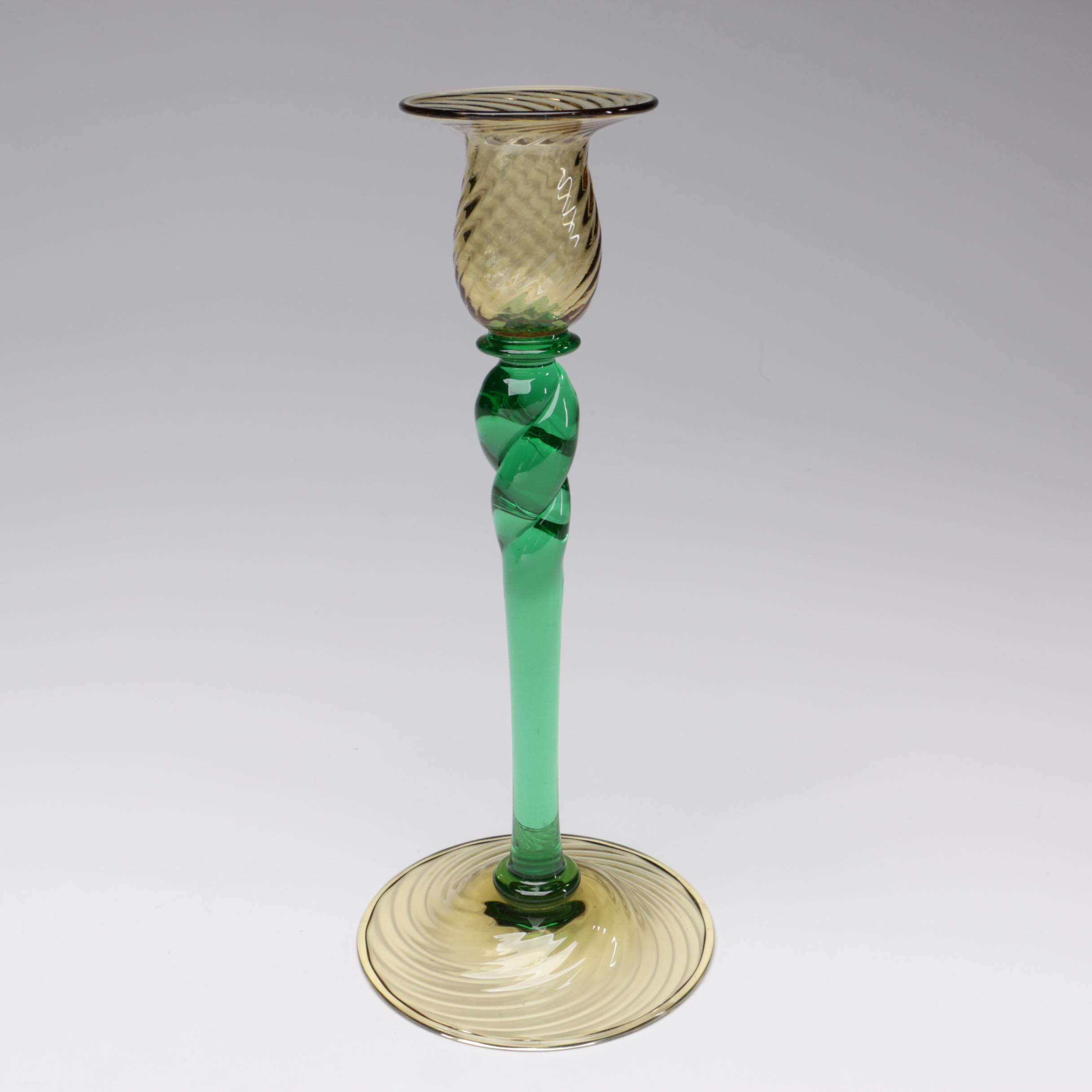 Steuben Pomona Green and Topaz Art Glass Candlesticks, Early 20th Century