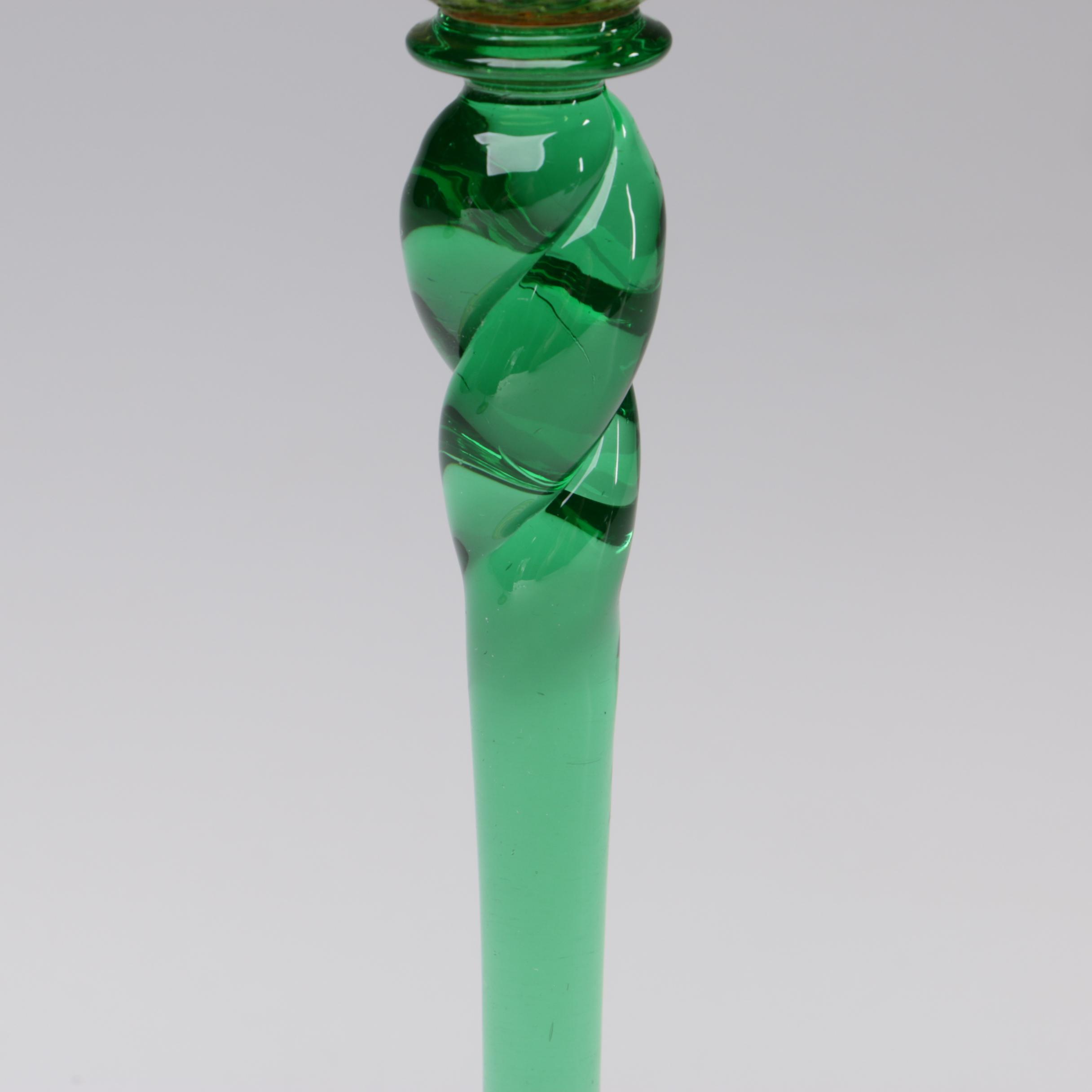 Steuben Pomona Green and Topaz Art Glass Candlesticks, Early 20th Century