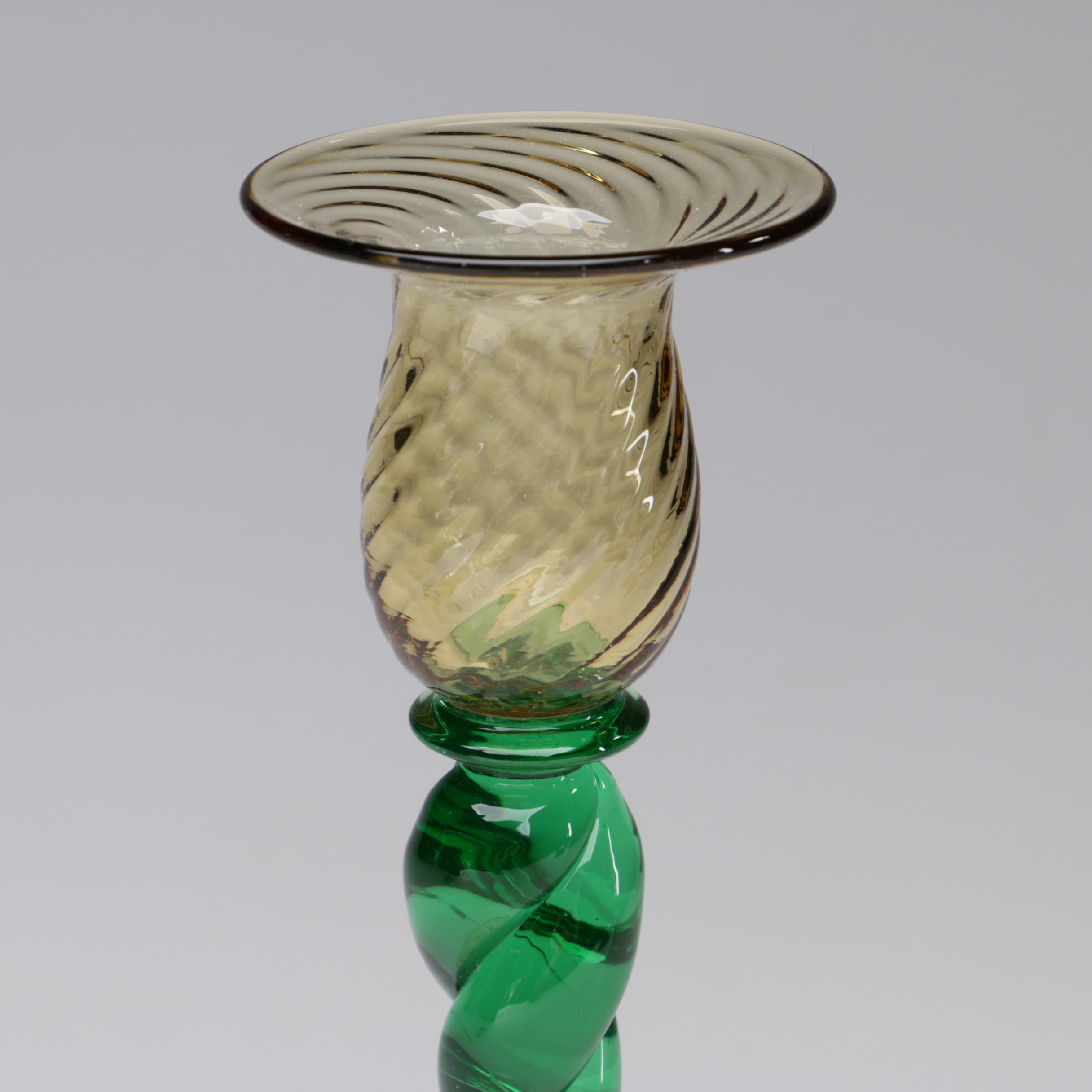 Steuben Pomona Green and Topaz Art Glass Candlesticks, Early 20th Century