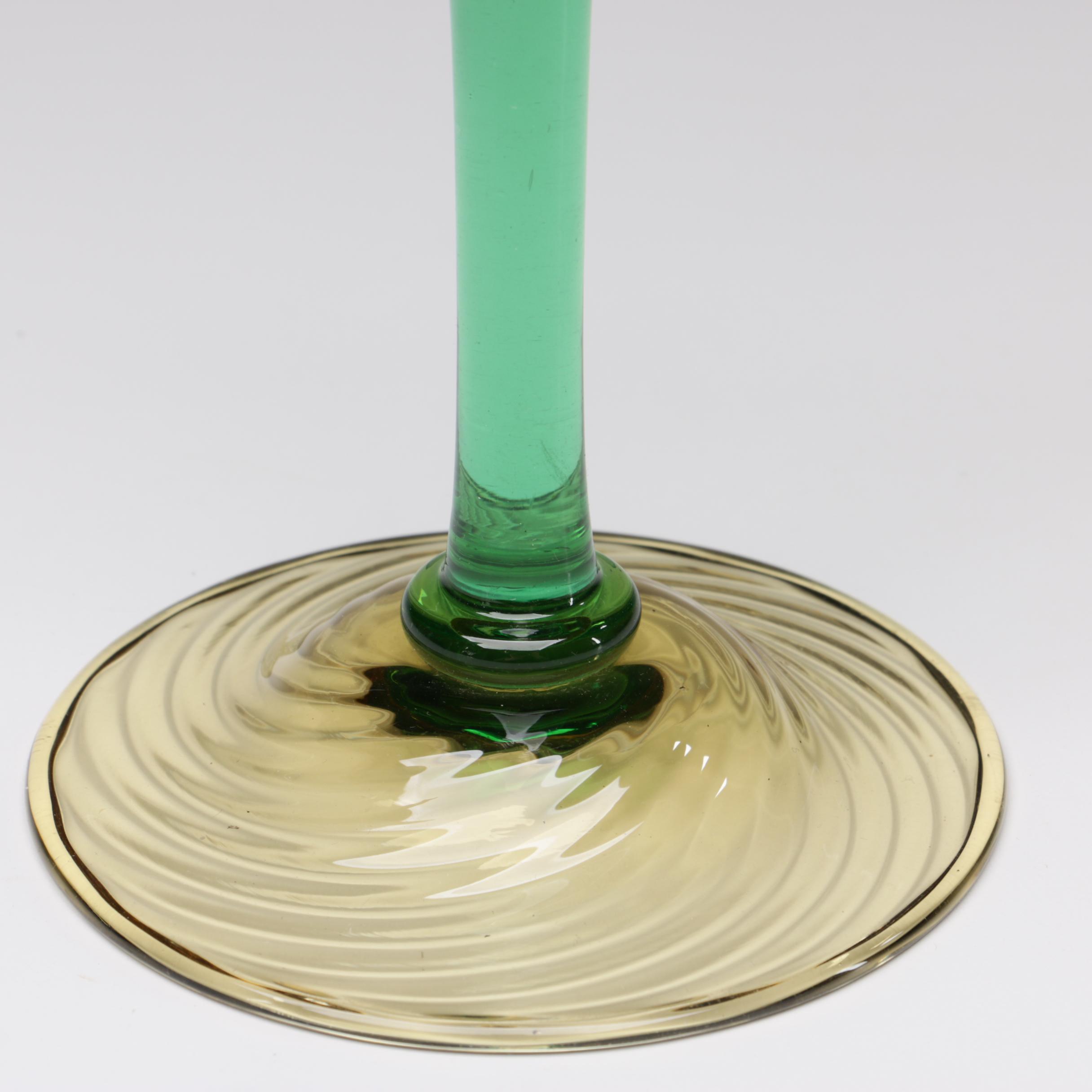 Steuben Pomona Green and Topaz Art Glass Candlesticks, Early 20th Century