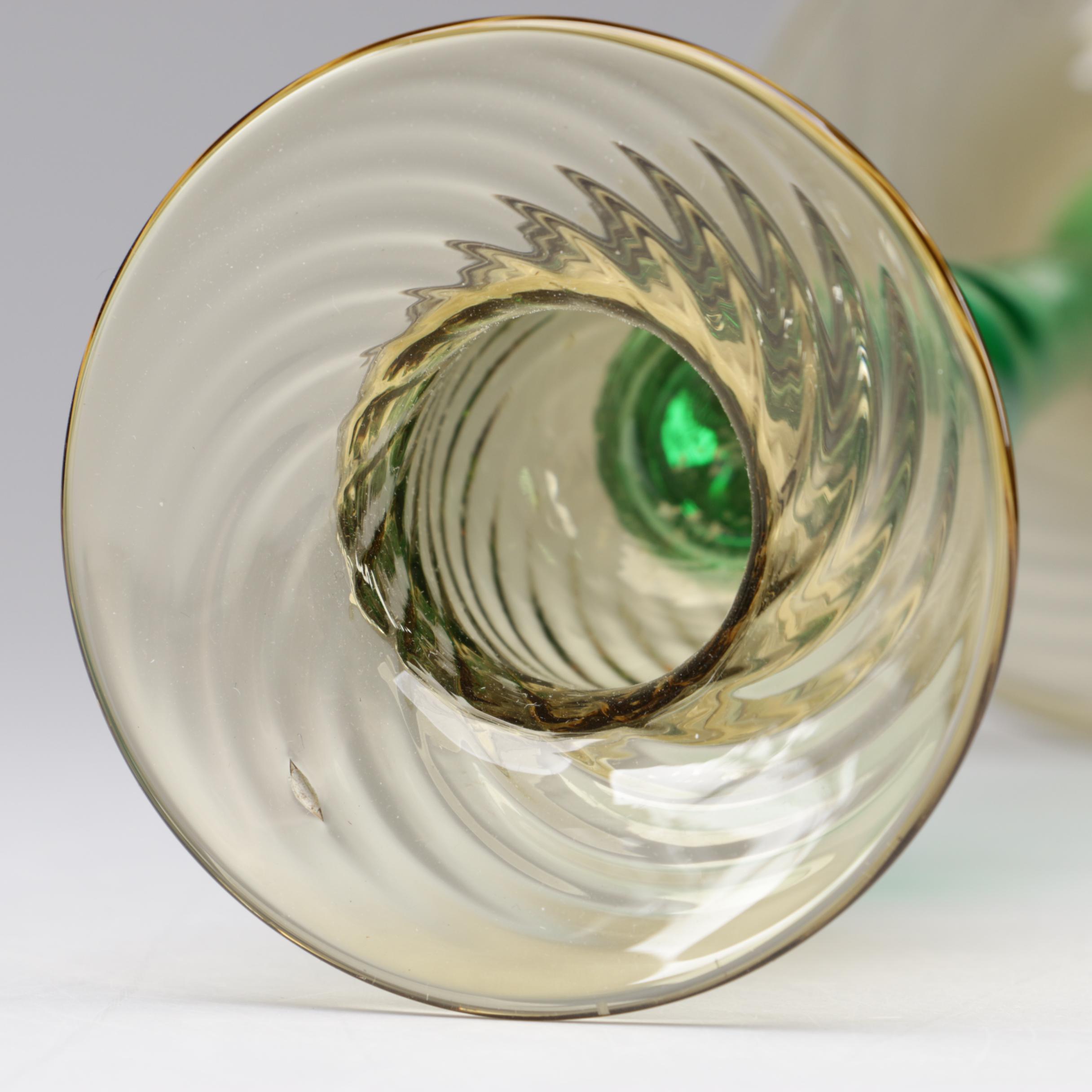 Steuben Pomona Green and Topaz Art Glass Candlesticks, Early 20th Century