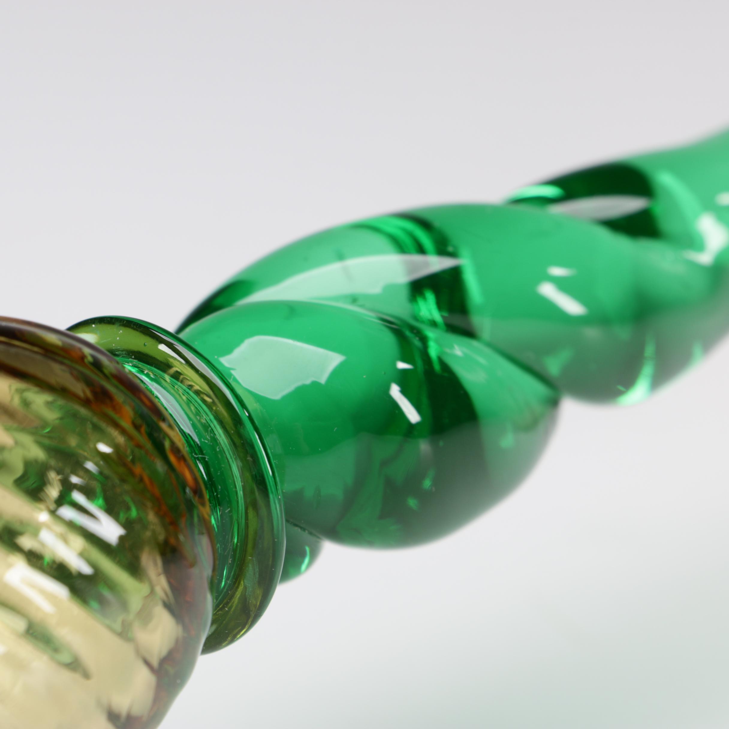 Steuben Pomona Green and Topaz Art Glass Candlesticks, Early 20th Century