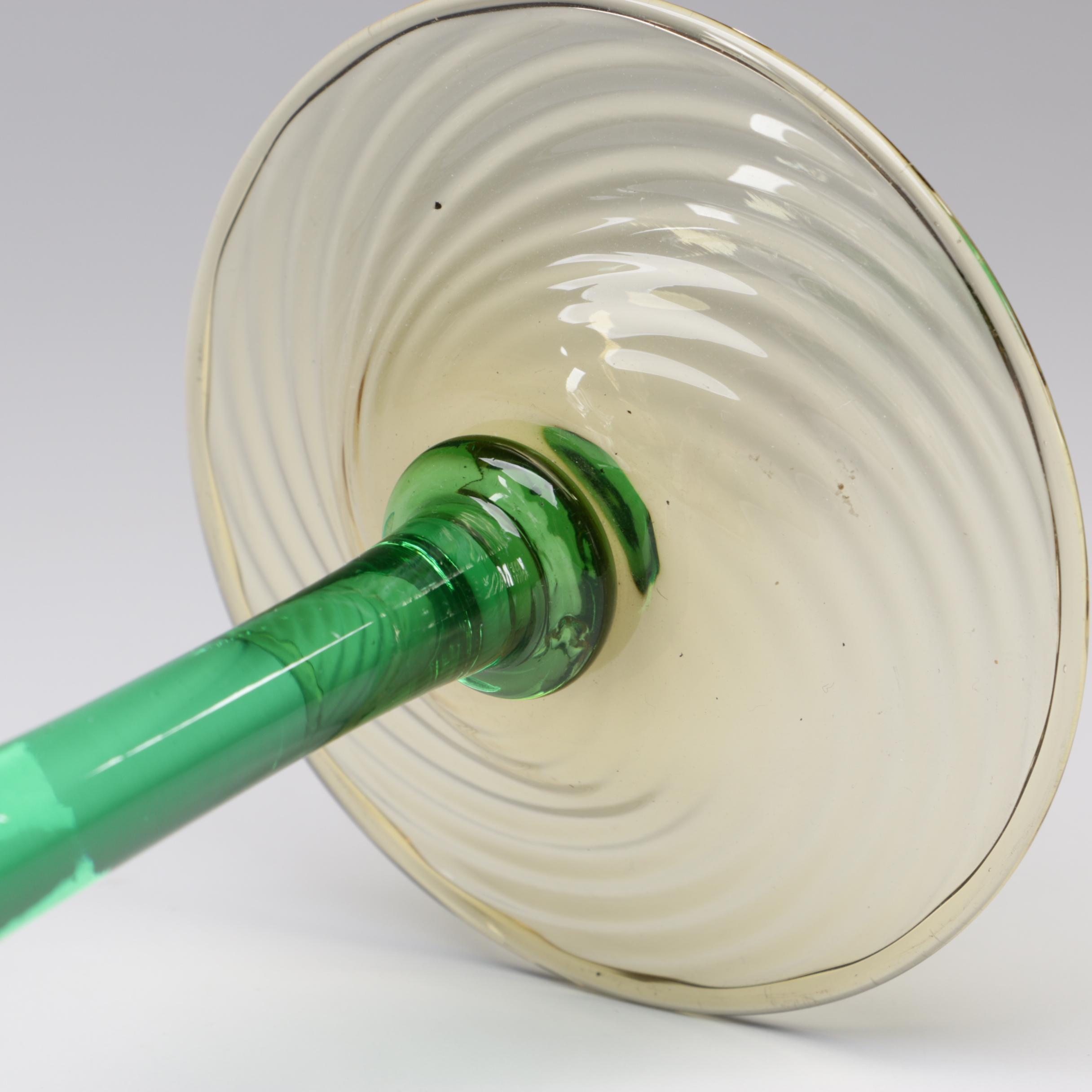 Steuben Pomona Green and Topaz Art Glass Candlesticks, Early 20th Century