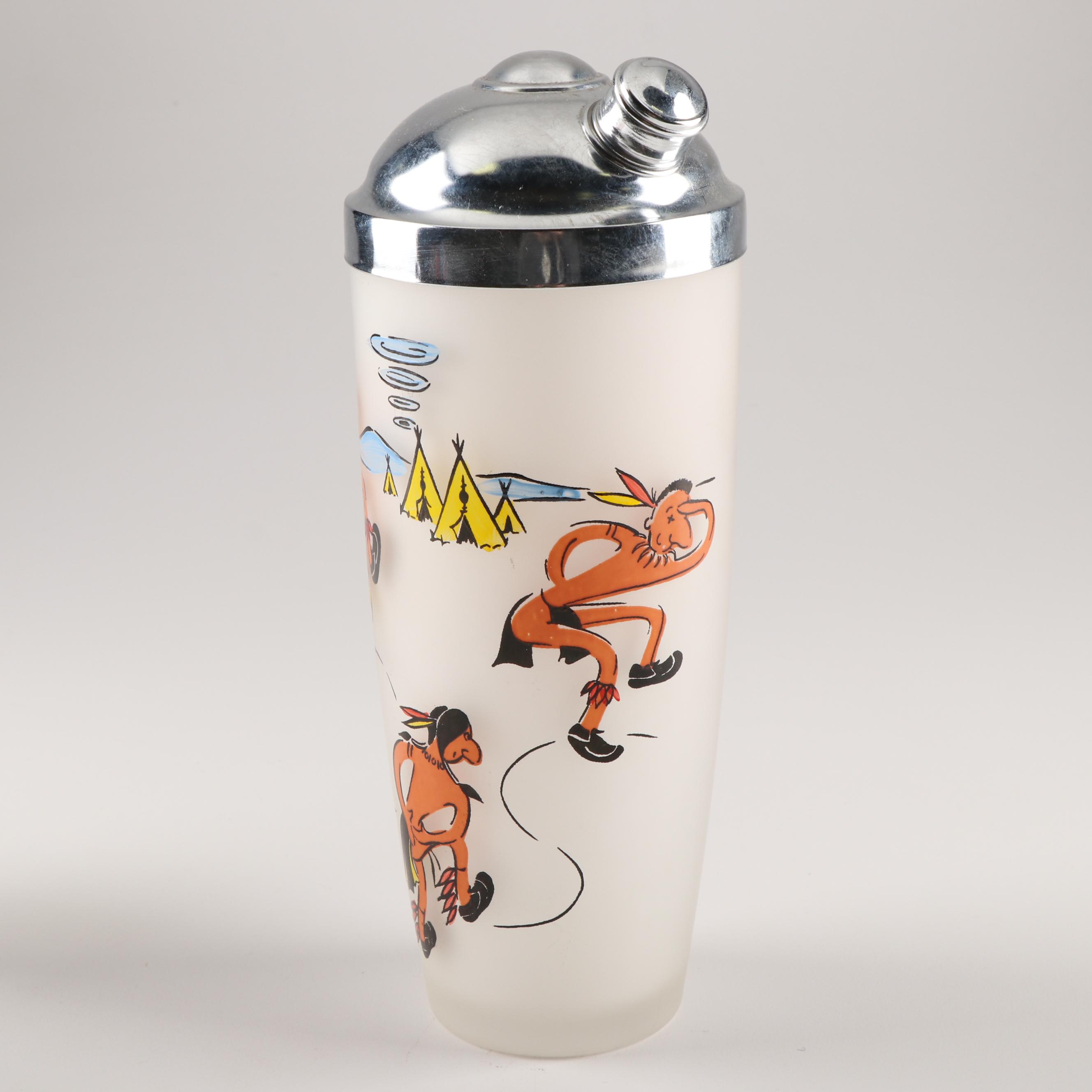 Decorated Frosted Glass Cocktail Shaker and Coordinating Stemware, Mid-Century