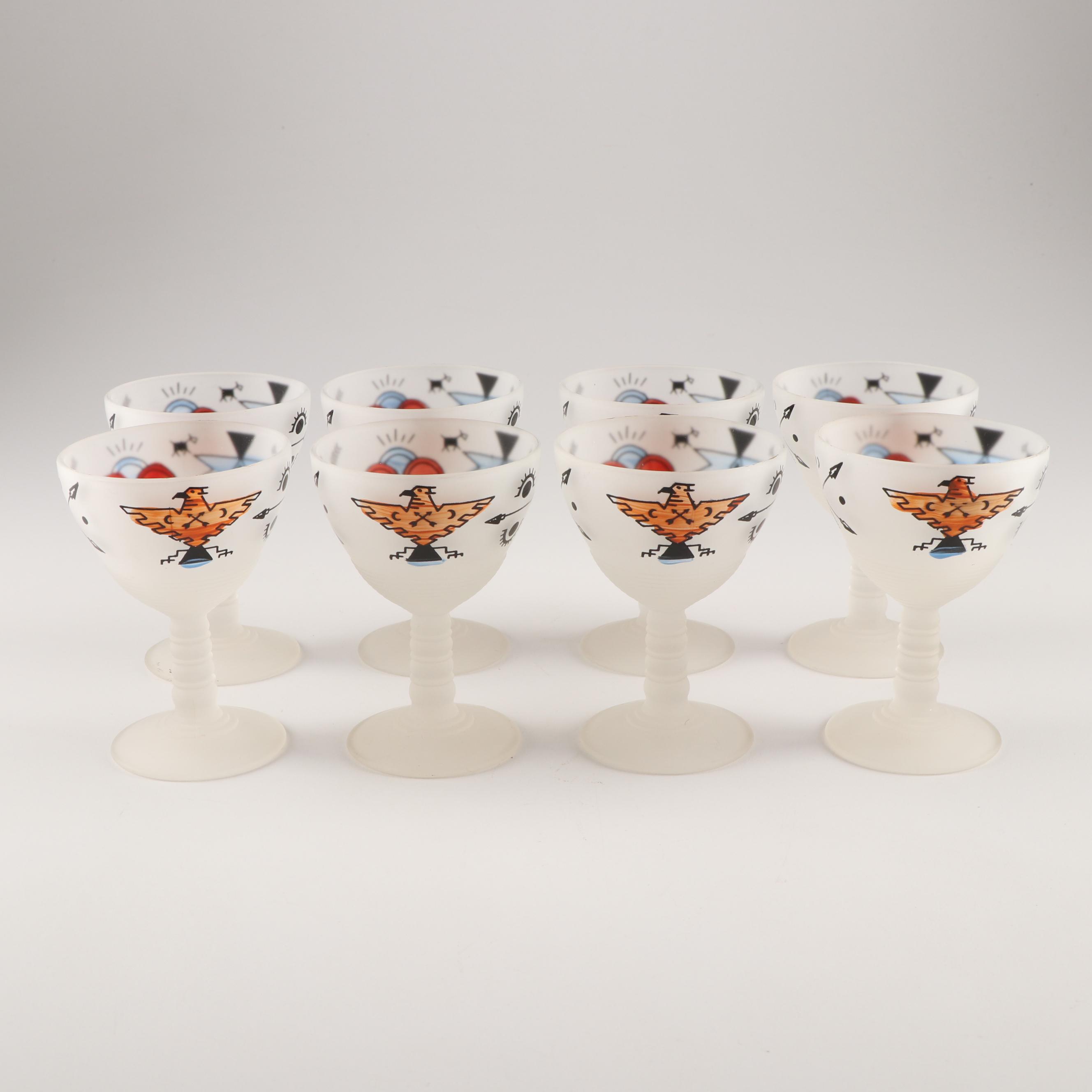 Decorated Frosted Glass Cocktail Shaker and Coordinating Stemware, Mid-Century
