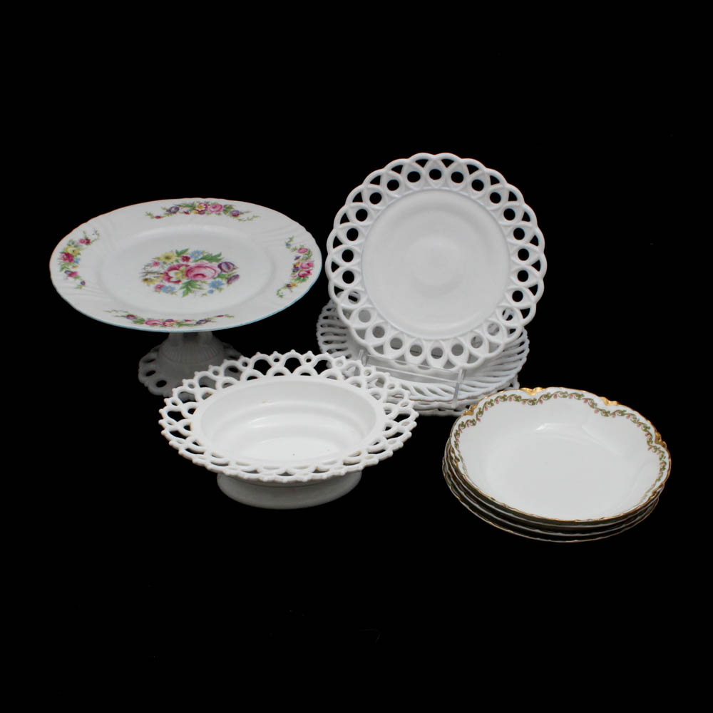 Haviland "Clover Leaf" Soup Bowls with Open Work Latticed Milk Glass Dinnerware