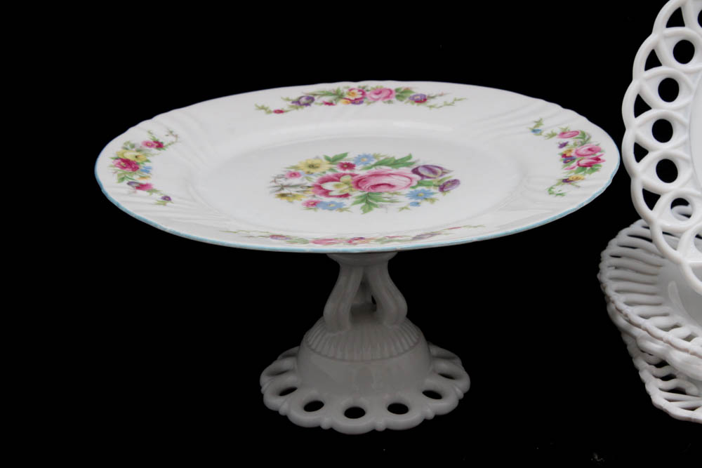 Haviland "Clover Leaf" Soup Bowls with Open Work Latticed Milk Glass Dinnerware