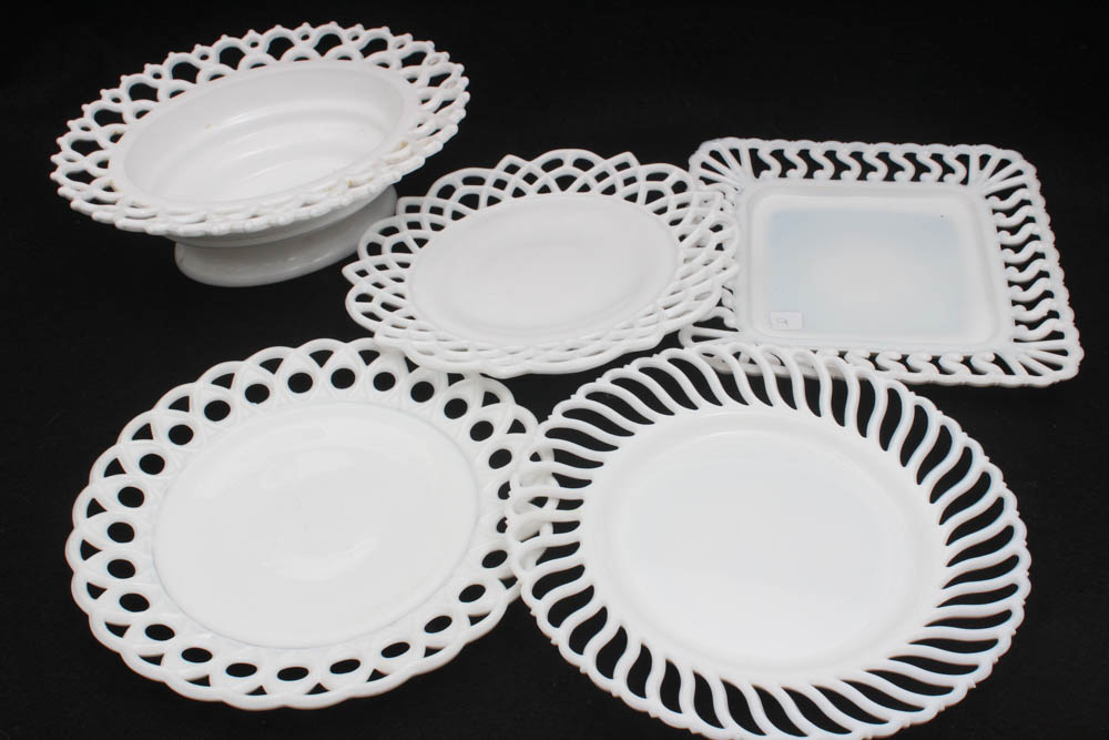 Haviland "Clover Leaf" Soup Bowls with Open Work Latticed Milk Glass Dinnerware