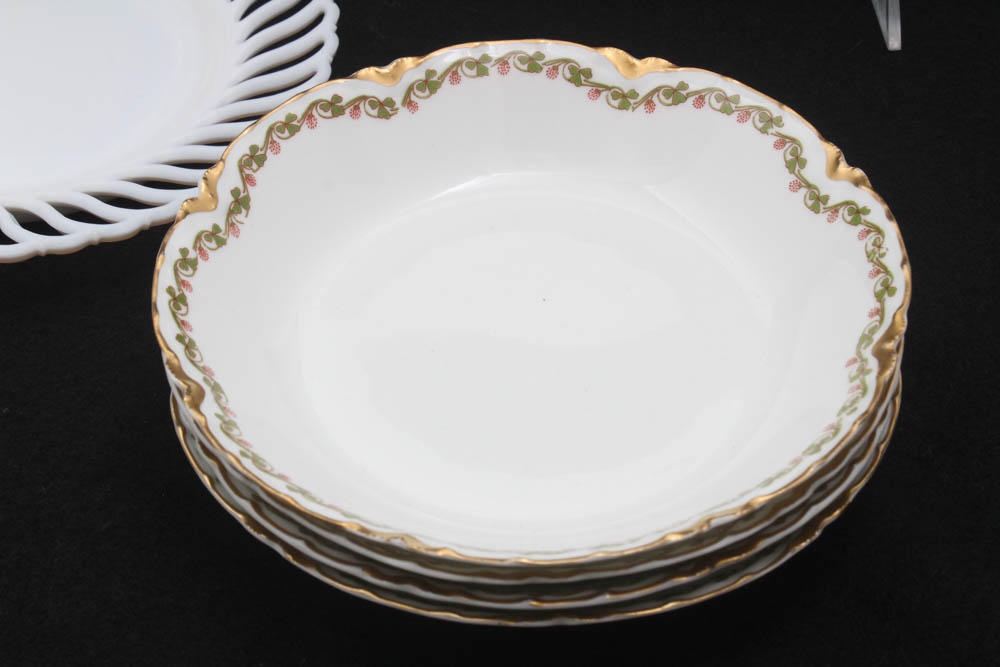 Haviland "Clover Leaf" Soup Bowls with Open Work Latticed Milk Glass Dinnerware