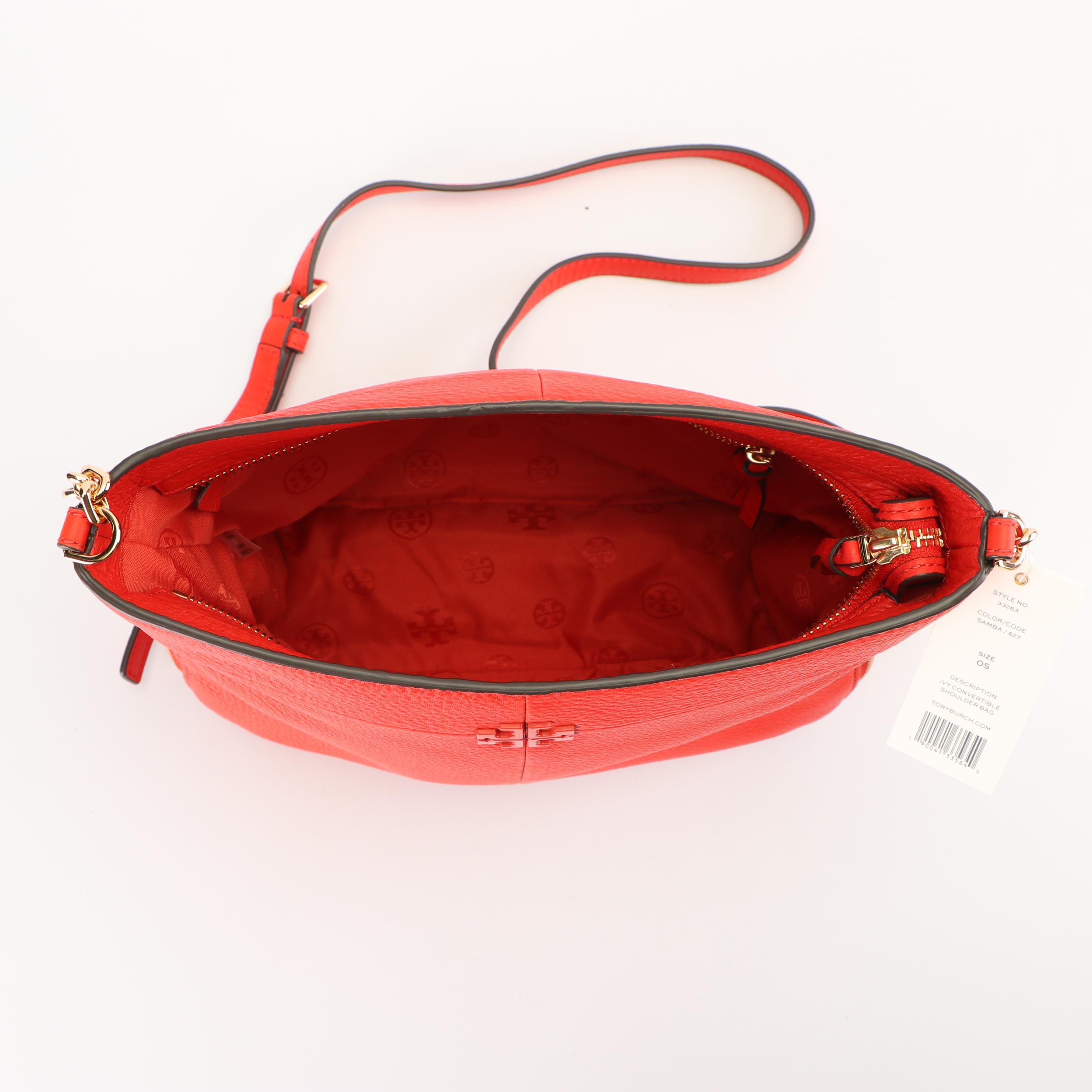Tory Burch Samba Red Grained Leather Ivy Convertible Shoulder Bag