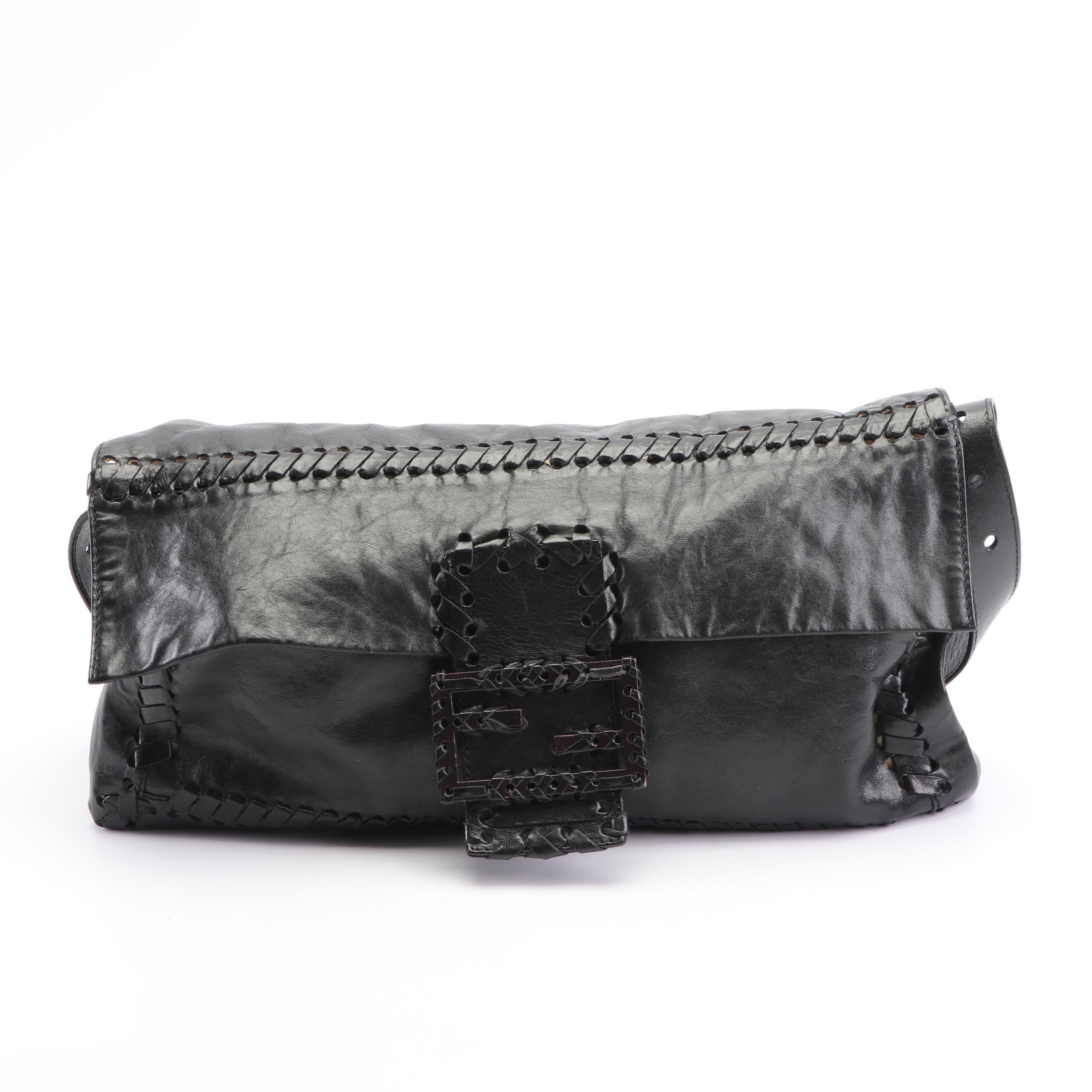Fendi Black Leather Baguette with Woven Trim, Made in Italy