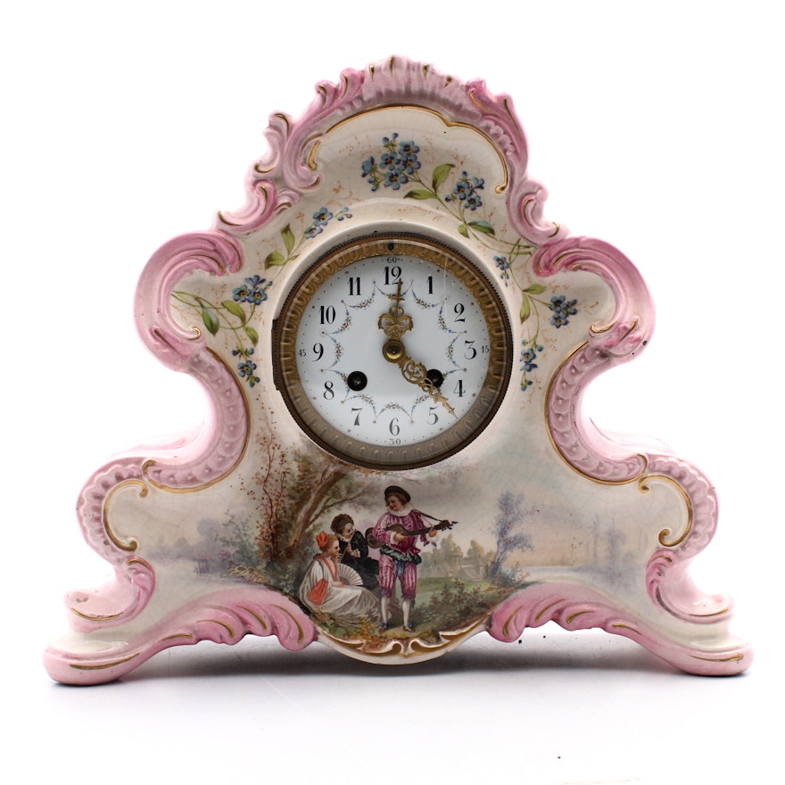 CJCC Hand-Painted French Porcelain Mantel Clock, Late 19th Century