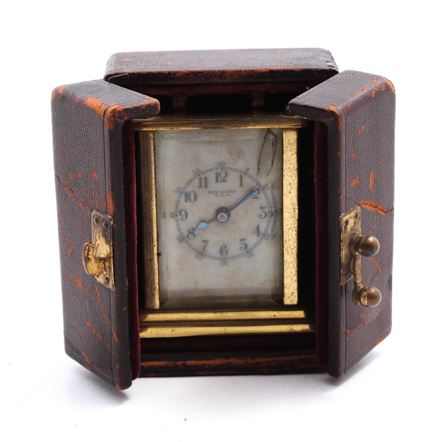 New Haven Brass Travel Carriage Clock with Leather Case