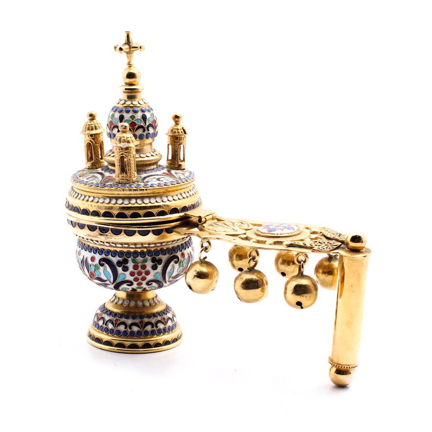 Greek Orthodox Enamelled Brass Censer with Bells