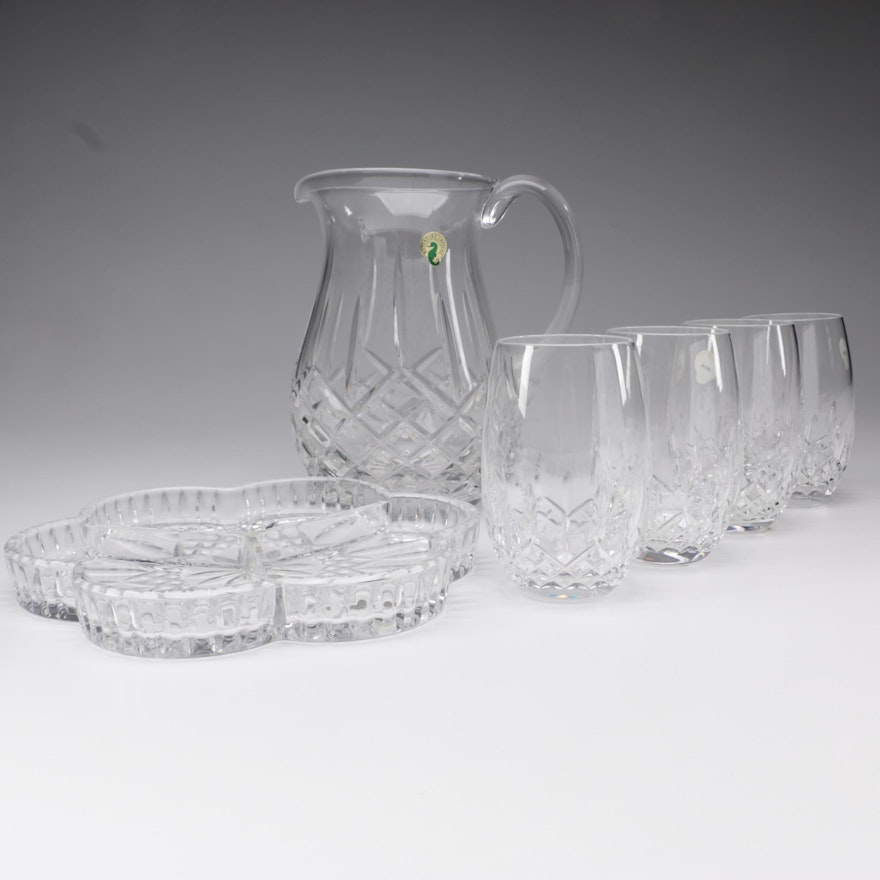 Waterford Crystal "Lismore" Pitcher, Wine Glasses, and Relish Dish