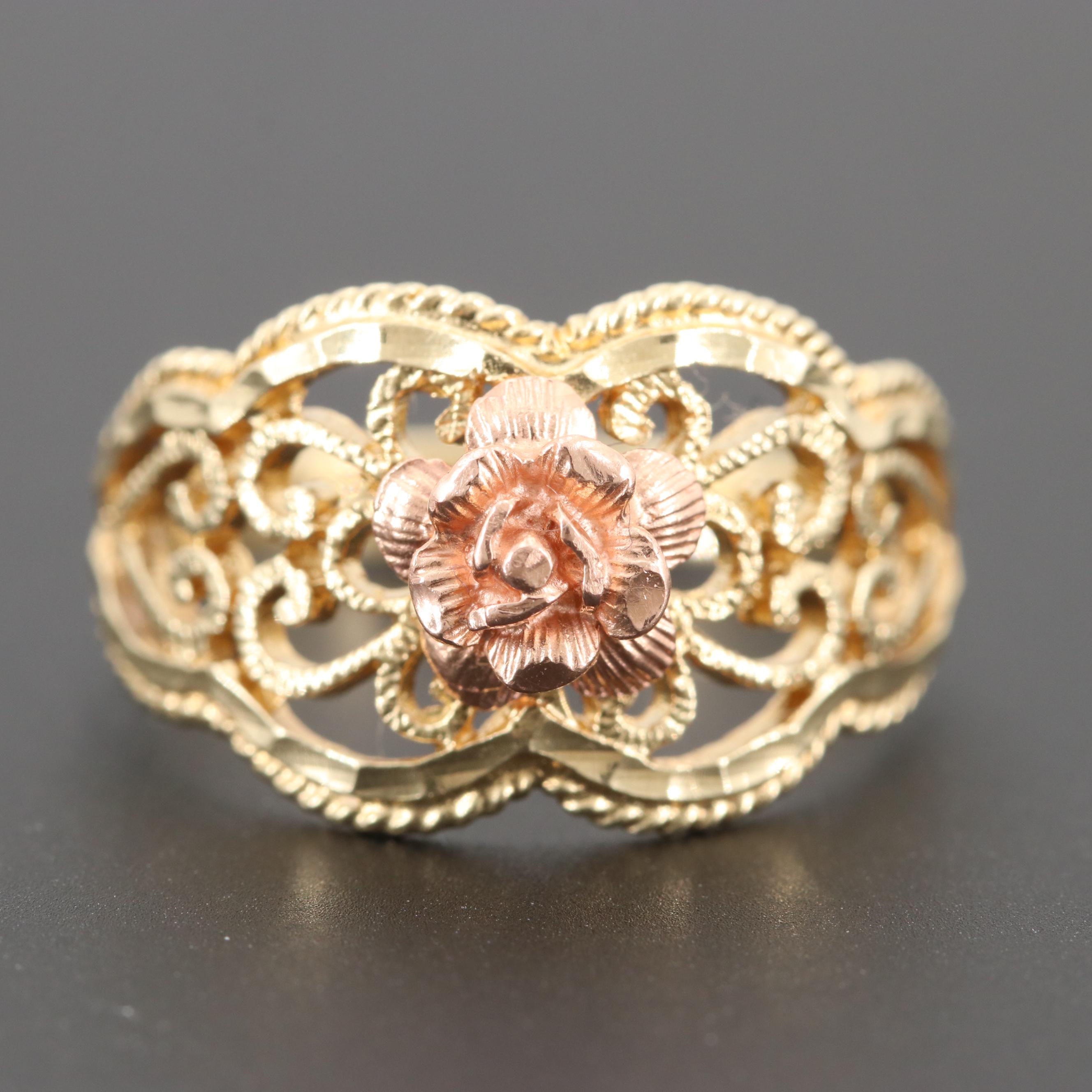 14K Yellow Gold Filigree Ring with Rose Gold Accent