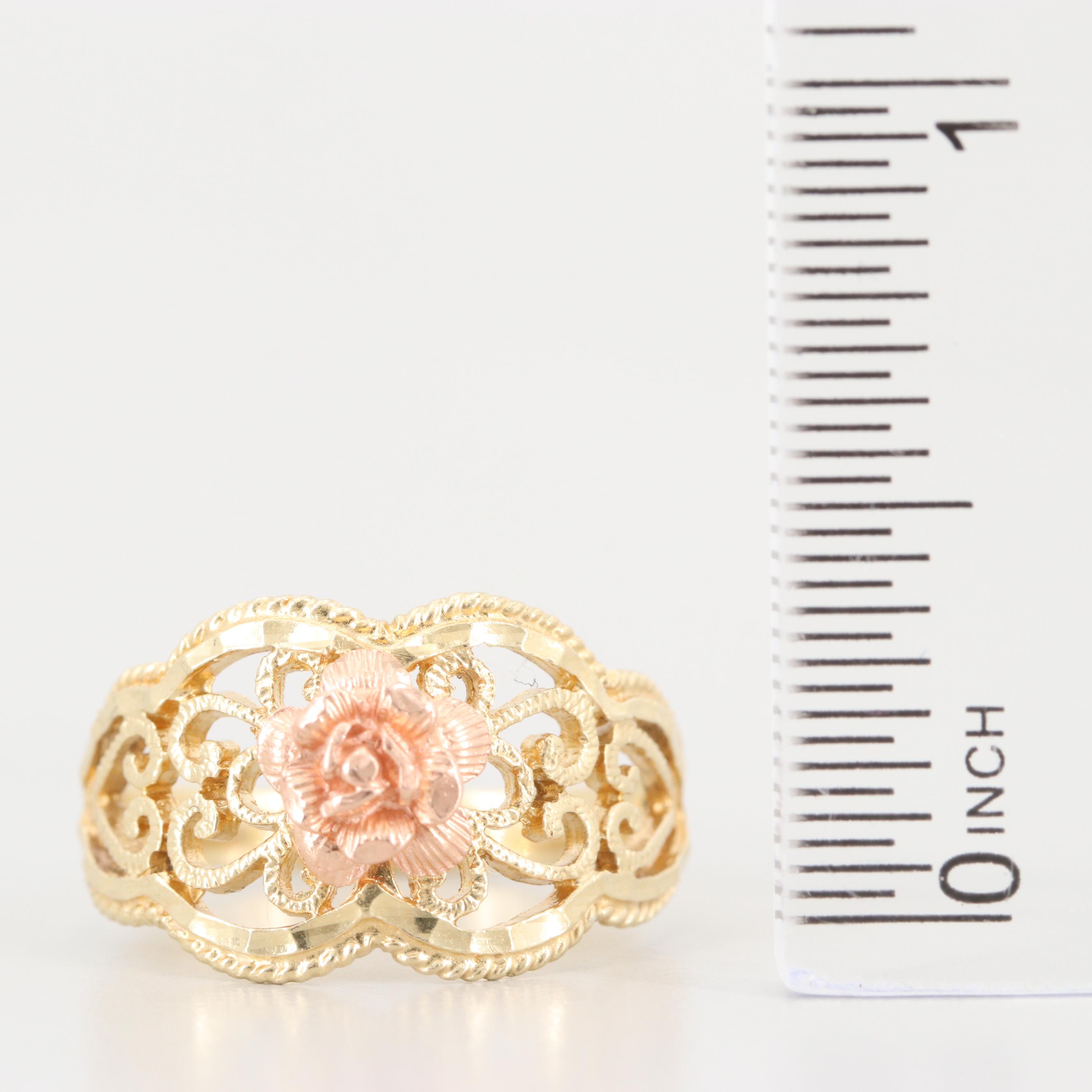 14K Yellow Gold Filigree Ring with Rose Gold Accent