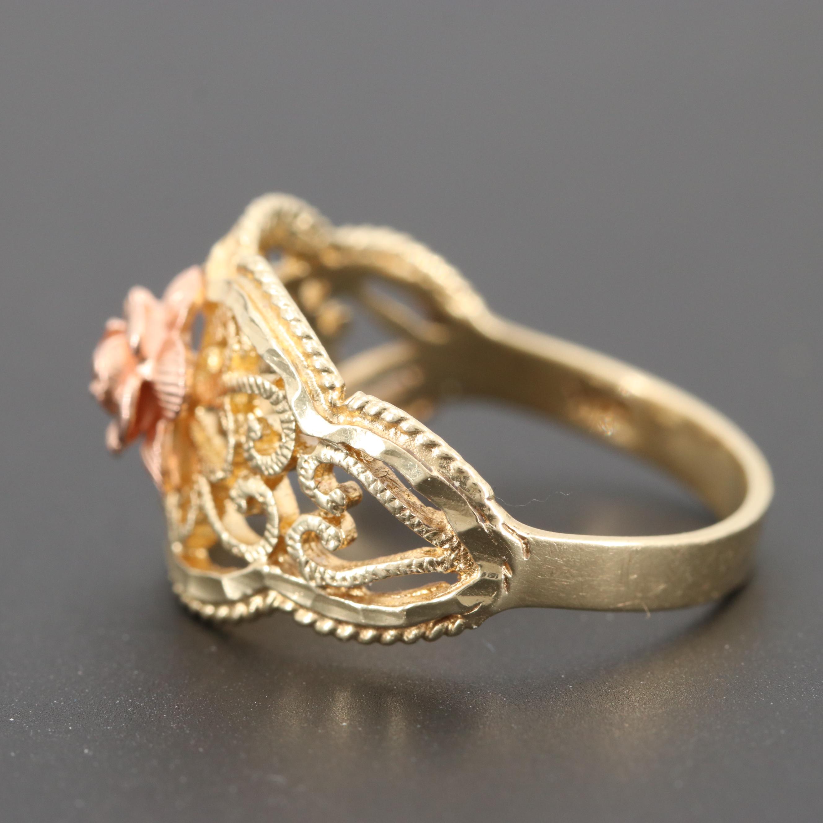 14K Yellow Gold Filigree Ring with Rose Gold Accent